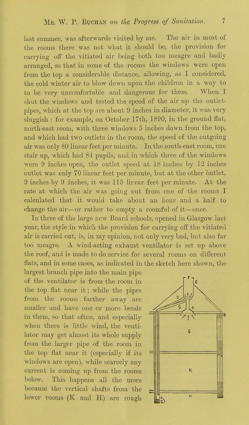 last summer, was cafterwards visited by me. Tlie air in most of the rooms there was not what it should be, the provision for carrying off the vitiated air being both too meagre and badly arranged, so that in some of the rooms the windows wei'e open from the top a considerable distance, allowing, as I considered, the cold winter air to blow down upon the children in a way to to be very uncomfortable and dangerous for them. When T shut the windows and tested the speed of the air up the outlet- pipes, which at the top are about 9 inches in diametei', it was very sluggish : for examj)le, on October 17th, 1890, in the ground flat, north-east room, with three windows 5 inches down from the top, and which had two outlets in the room, the speed of the outgoing air was only 80 linear feet per minute. In the south-east room, one stair up, which had 84 pupils, and in which three of the windows were 9 inches open, the outlet speed at 18 inches by 12 inches outlet was only 70 linear feet per minute, but at the other outlet, 9 inches by 9 inches, it was 115 linear feet per minute. At the rate at which the air was going out from one of the rooms I calculated that it would take about an hour and a half to change the air—or rather to empty a roomful of it—once. In three of the large new Board schools, opened in Glasgow last year, the style in which the provision for carrying off the vitiated air is carried out, is, in my opinion, not only very bad, but also far too meagre. A wind-acting exhaust ventilator is set up above the roof, and is made to do service for several rooms on different flats, and in some cases, as indicated in the sketch here shown, the largest branch pipe into the main pipe of the ventilator is from the room in the top flat near it; while the pipes from the rooms farther away arc smaller and have one or more bends in them, so that often, and especially when there is little wind, the venti- lator may get almost its whole supply from the larger pipe of the room in the top flat near it (especially if its windows are open), while scarcely any cun'ent is coming up from the rooms below. This happens all the more because the A-ertical shafts from the lower rooms (K aiid H) are rough