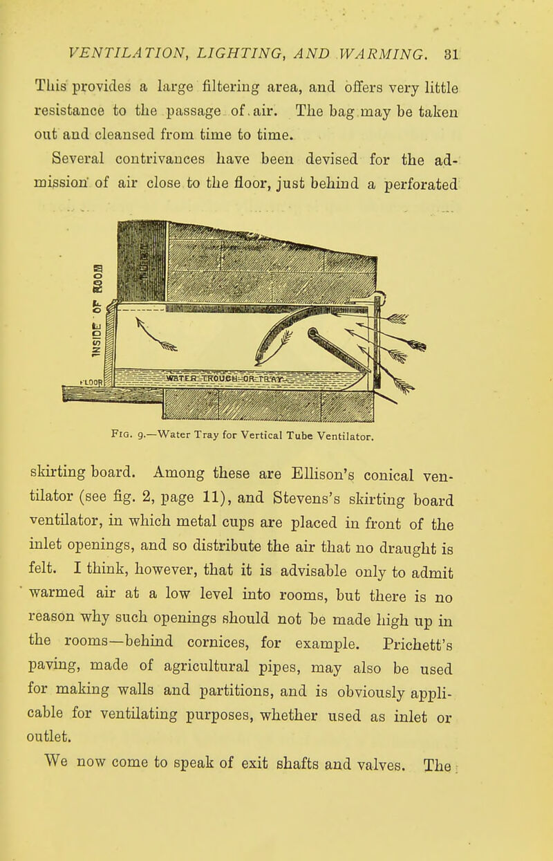 This provides a large filtering area, and offers very little resistance to the passage of .air. The bag may be taken out and cleansed from time to time. Several contrivances have been devised for the ad- mission of air close to the floor, just behind a perforated Fro. 9.—Water Tray for Vertical Tube Ventilator. skirting board. Among these are Ellison's conical ven- tilator (see fig. 2, page 11), and Stevens's skirting board ventilator, in which metal cups are placed in front of the inlet openings, and so distribute the air that no draught is felt. I think, however, that it is advisable only to admit warmed air at a low level into rooms, but there is no reason why such openings should not be made high up in the rooms—behind cornices, for example. Prichett's paving, made of agricultural pipes, may also be used for making walls and partitions, and is obviously appli- cable for ventilating purposes, whether used as inlet or outlet. We now come to speak of exit shafts and valves. The