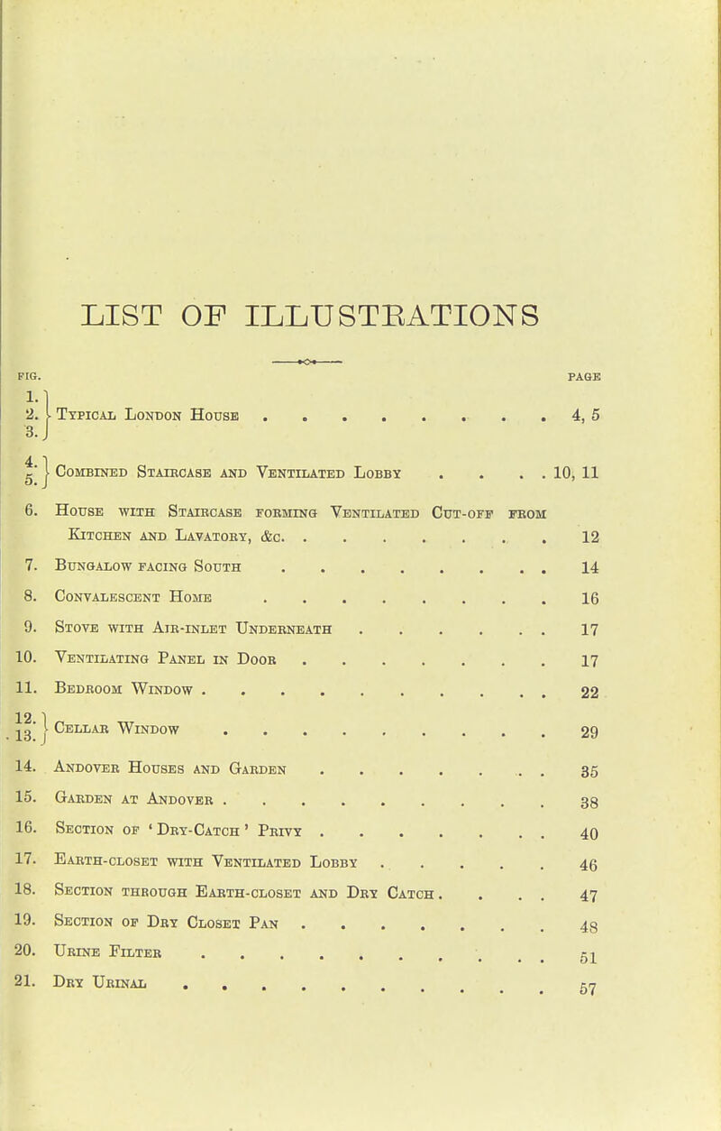 LIST OF ILLUSTEATIONS FIG. PAGE 2. \ Typical London House 4, 5 3. J 4. 5. j Combined Staircase and Ventilated Lobby . . . . 10, 11 6. House with Staircase forming Ventilated Cut-off from Kitchen and Lavatory, &c .12 7. Bungalow facing South 14 8. Convalescent Home 16 9. Stove with Air-inlet Underneath ...... 17 10. Ventilating Panel in Door 17 11. Bedroom Window 22 jg | Cellar Window .......... 29 14. Andover Houses and Garden . 35 15. Garden at Andover 38 16. Section of ' Dry-Catch ' Privy 40 17. Earth-closet with Ventilated Lobby 46 18. Section through Earth-closet and Dry Catch. . . . 47 19. Section of Dry Closet Pan 48 20. Urine Filter \ 51 21. Dry Urinal 57