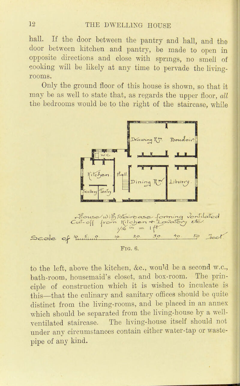 hall. If the door between the pantry and hall, and the door between kitchen and pantry, be made to open in opposite directions and close with springs, no smell of cooking will be likely at any time to pervade the living- rooms. Only the ground floor of this house is shown, so that it may be as well to state that, as regards the upper floor, all the bedrooms would be to the right of the staircase, while Fig. 6. to the left, above the kitchen, &c, would be a second w.c, bath-room, housemaid's closet, and box-room. The prin- ciple of construction which it is wished to inculcate is this—that the culinary and sanitary offices should be quite distinct from the living-rooms, and be placed in an annex which should be separated from the living-bouse by a well- ventilated staircase. The living-house itself should not under any circumstances contain either water-tap or waste- pipe of any kind.