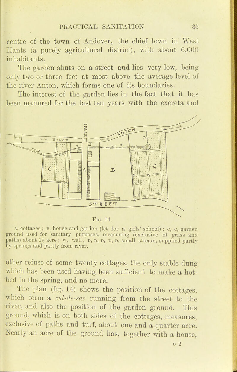 centre of the town of Andover, the chief town in West Hants (a purely agricultural district), with about G,000 inhabitants. The garden abuts on a street and lies very low, being only two or three feet at most above the average level of the river Anton, which forms one of its boundaries. The interest of the garden lies in the fact that it has been manured for the last ten years with the excreta and Fig. 14. a, cottages ; b, house and garden (let for a girls' school); c, c, garden ground used for sanitary purposes, measuring (exclusive of grass and paths) about 1^ acre ; w, well, r>, d, d, d, d, small stream, supplied partly by springs and partly from river. other refuse of some twenty cottages, the only stable dung which has been used having been sufficient to make a hot- bed in the spring, and no more. The plan (fig. 14) shows the position of the cottages, which form a cul-de-sac running from the street to the river, and also the position of the garden ground. This ground, which is on both sides of the cottages, measures, exclusive of paths and turf, about one and a quarter acre. Nearly an acre of the ground has, together with a house, D 2