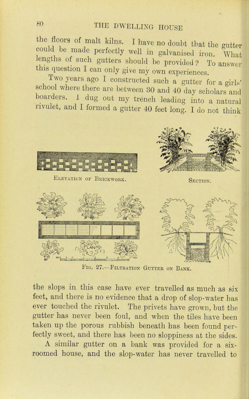 the floors of malt kilns. I have no doubt that the gutter could be made perfectly well in galvanised iron. What lengths of such gutters should be provided ? To answer this question I can only give my own experiences. Two years ago I constructed such a gutter for a girls' school where there are between 80 and 40 day scholars and boarders. 1 dug out my trench leading into a natural rivulet, and I formed a gutter 40 feet long. I do not think Elevation of Brickwoek. Section. Fig. 27.—Filtration Gutter on Bank. the slops in this case have ever travelled as much as six feet, and there is no evidence that a drop of slop-water has ever touched the rivulet. The privets have grown, but the gutter has never been foul, and when the tiles have been taken up the porous rubbish beneath has been found per- fectly sweet, and there has been no sloppiness at the sides. A similar gutter on a bank was provided for a six- roomed house, and the slop-water has never travelled to