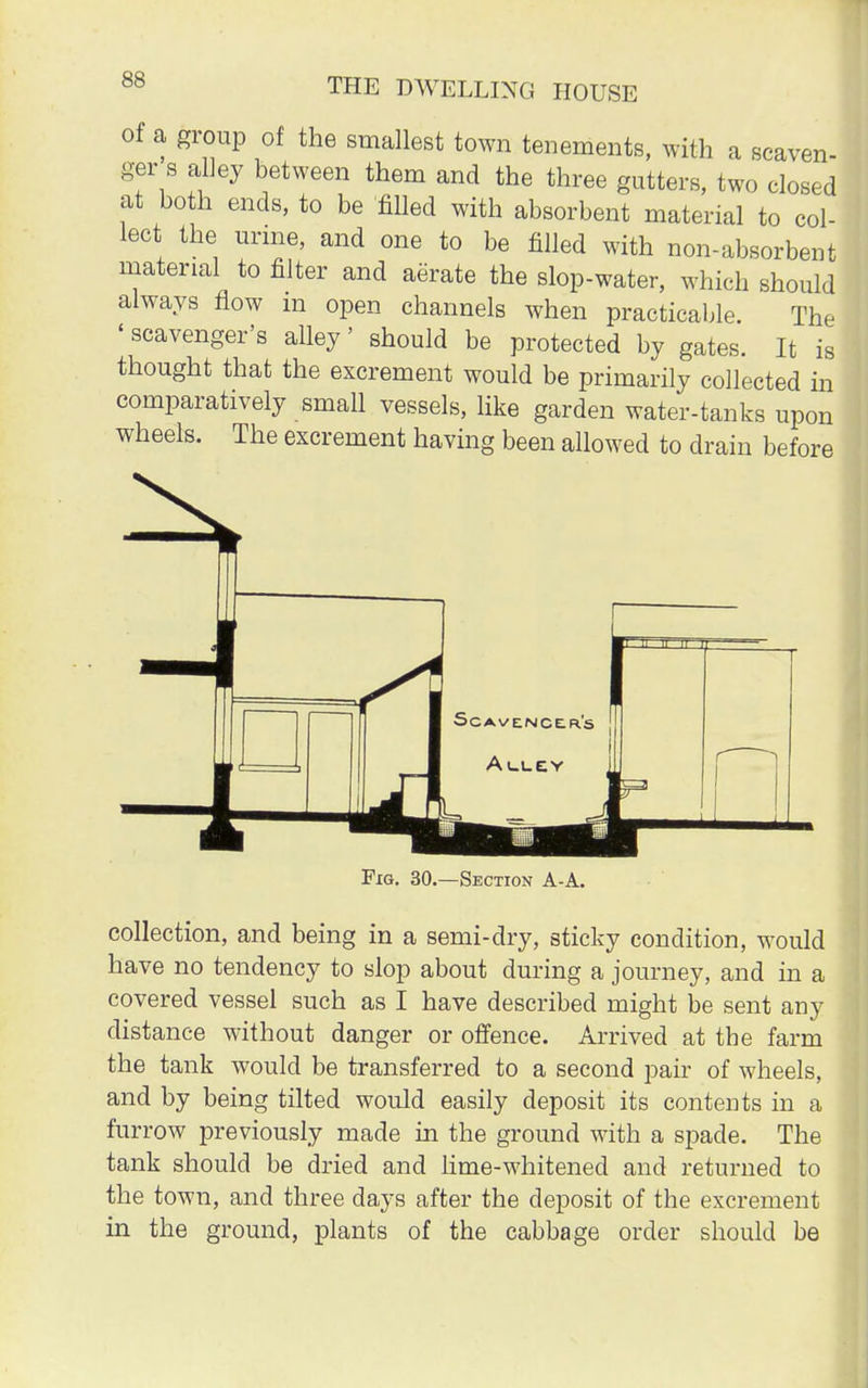 of a group of the smallest town tenements, with a scaven- ger s alley between them and the three gutters, two closed at both ends, to be 'filled with absorbent material to col- lect the urine, and one to be filled with non-absorbent material to filter and aerate the slop-water, which should always flow m open channels when practicable. The 'scavenger's alley' should be protected by gates. It is thought that the excrement would be primarily collected in comparatively small vessels, like garden water-tanks upon wheels. The excrement having been allowed to drain before Fig. 30.—Section A-A. collection, and being in a semi-dry, sticky condition, would have no tendency to slop about during a journey, and in a covered vessel such as I have described might be sent any distance without danger or offence. Arrived at the farm the tank would be transferred to a second pair of wheels, and by being tilted would easily deposit its contents in a furrow previously made in the ground with a spade. The tank should be dried and lime-whitened and returned to the town, and three days after the deposit of the excrement in the ground, plants of the cabbage order should be