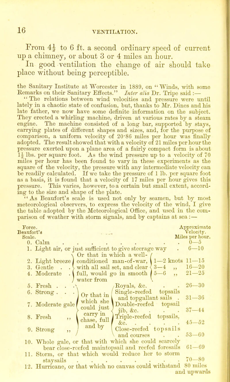 From 4J to 6 ft. a second ordinary speed of current up a chimney, or about 3 or 4 miles an hour. In good ventilation the change of air should take place without being perceptible. the Sanitaiy Institute at Worcester in 1889, on  Winds, with some Remarks on their Sanitary Effects. Inter alia Dr. Tripe said :— '1 The relations between wind velocities and pressure were until lately in a chaotic state of confusion, but, thanks to Mr. Dines and his late father, we now have some definite information on the subject. They erected a whirling machine, driven at various rates by a steam engine. The machine consisted of a long bar, supported by stays, carrying plates of different shapes and sizes, and, for the purpose of comparison, a uniform velocity of 20-86 miles per hour was finally adopted. The result showed that with a velocity of 21 miles per hour the pressure exerted upon a plane area of a fairly compact form is about 1| lbs. per square foot. As the wind pressure up to a velocity of 70 miles per hour has been found to vary in these experiments as the square of the velocity, the pressure with any intermediate velocity can be readily calculated. If we take the pressure of 1 lb. per square foot as a basis, it is found that a velocity of 17 miles per hour gives this pressure. This varies, however, to a certain but small extent, accord- ing to the size and shape of the plate. As Beaufort's scale is used not only by seamen, but by most meteorological observers, to express the velocity of the wind, I give the table adopted by the Meteorological Office, and used in the com- parison of weather with storm signals, and by captains at sea : — Force. Approximate Beaufort's . Velocity. Scale. Miles per hour. 0. Calm 0—5 1. Light air, or just sufficient to give steerage way . 6—10 !Or that in Avhich a well- / conditioned man-of-war, I 1—2 knots 11—15 with all sail set, and clear < 3—4 ,, 16—20 full, would go in smooth I 5—6 „ 21—25 water from \ 5. Fresh . . A /Royals, &o. . . 26—30 6. Strong . . . I n ,, , . / Single-reefed topsails I Ur mat ml and topgaiiant sails . 31—36 7. Moderate gale f ,j \ Double-reefed topsail > could J.ust) jib, &c. . . . 37-44 8-Fresh » cha^full r^le-reefed t0pSailS: 45^2 9. Strong ,, J and hj ( Close-reefed topsails ' > and courses . . 53—60 10. Whole gale, or that with which she could scarcely bear close-reefed maintopsail and reefed foresails 61—69 11. Storm, or that which would reduce her to storm staysails ........ 70—SO 12. Hurricane, or that which no canvas coidd withstand 80 miles and upwards