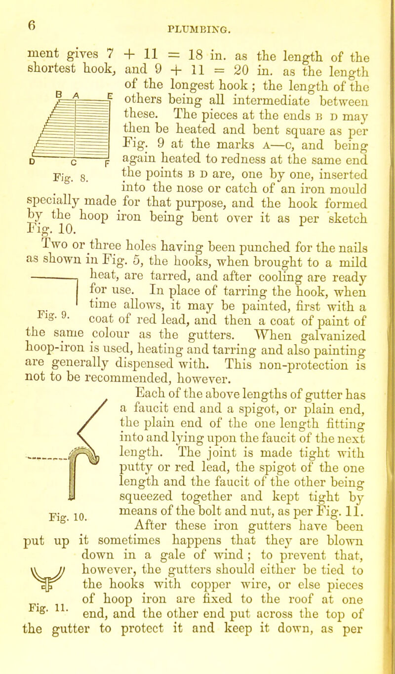 PLUMBING. ment gives 7 + 11 = 18 in. as the length of the shortest hook, and 9 + 11 = 20 in. as the length of the longest hook ; the length of the others being all intermediate between these. The pieces at the ends b d may then be heated and bent square as per Fig. 9 at the marks a—c, and being again heated to redness at the same end the points b d are, one by one, inserted into the nose or catch of an iron mould specially made for that purpose, and the hook formed by the hoop iron being bent over it as per sketch Fig. 10. Two or three holes having been punched for the nails as shown in Fig. 5, the hooks, when brought to a mild heat, are tarred, and after cooling are ready for use. In place of tarring the hook, when time allows, it may be painted, first with a ^^S- 9- coat of red lead, and then a coat of paint of the same colour as the gutters. When galvanized hoop-iron is used, heating and tarring and also painting are generally dispensed with. This non-protection is not to be recommended, however. Each of the above lengths of gutter has a faucit end and a spigot, or -plain end, the plain end of the one length fitting into and lying upon the faucit of the next length. The joint is made tight with putty or red lead, the spigot of the one length and the faucit of the other being squeezed together and kejDt tight by means of the bolt and nut, as per Fig. 11. After these iron gutters have been it sometimes happens that the}' are blown down in a gale of wind ; to prevent that, Vhowever, the gutters should either be tied to the hooks with copper wire, or else pieces of hoop iron are fixed to the roof at one end, and the other end put across the tojp of Fig. 11. 7 — — X J, the gutter to protect it and keep it down, as per