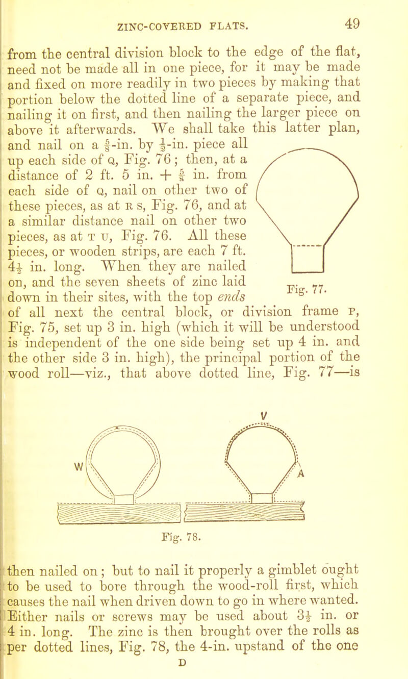 from the central division block to the edge of the flat, need not be made all in one piece, for it may be made and fixed on more readily in two pieces by making that portion below the dotted line of a separate piece, and nailing it on first, and then nailing the larger piece on above it afterwards. We shall take this latter plan, and nail on a f-in. by I-in. piece all up each side of Q, Fig. 76; then, at a distance of 2 ft. 5 in. -f- f in. from each side of q, nail on other two of these pieces, as at r s. Fig. 76, and at a similar distance nail on other two pieces, as at t u, Fig. 76. All these pieces, or wooden strips, are each 7 ft. 4^ in. long. When they are nailed on, and the seven sheets of zinc laid p. down in their sites, with the top ends of all next the central block, or division frame p, Fig. 75, set up 3 in. high (which it will be understood is independent of the one side being set up 4 in. and the other side 3 in. high), the principal portion of the wood roll—viz., that above dotted line, Fig. 77—is V Fig. 78. Ithen nailed on; but to nail it properly a gimblet ought I to be used to bore through the wood-roll first, which : causes the nail when driven down to go in where wanted. I Either nails or screws may be used about in. or ;4 in. long. The zinc is then brought over the rolls as .per dotted lines, Fig. 78, the 4-in. upstand of the one D