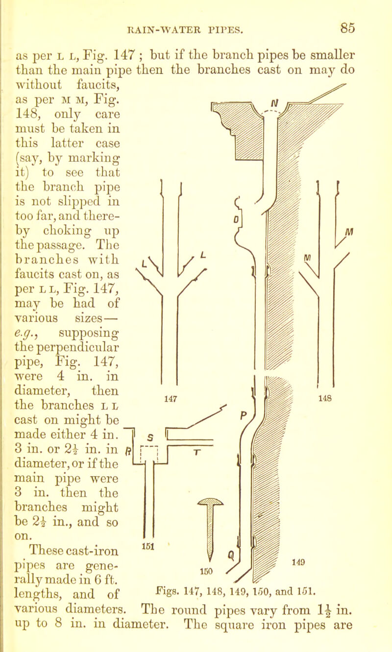 as per l l, Fig. 147 ; but if the branch pipes be smaller than the main pipe then the branches cast on may do without faucits, as per m m, Fig. 148, only care must be taken in this latter case (say, by marking it) to see that the branch pipe is not slipped in too far, and there- by choking up the passage. Tlie branches with faucits cast on, as per L L, Fig. 147, may be had of various sizes— e.ff., supposing the jDcrpendicular pipe, Fig. 147, were 4 in. in diameter, then the branches l l east on might be made either 4 in. ~l 3 in. or 2i in. in fif diameter, or if the main pipe were 3 in. then the branches be 2i in. on. These cast-iron pipes are gene- rally made in 6 ft. lengths, and of various diameters. up to 8 in. in diameter. The square iron pipes are might and so Figs. 147, 148, 149, 150, and 151. The round pipes vary from \\ in.