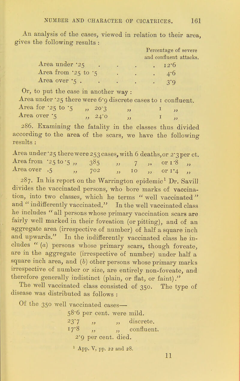 An analysis of the cases, viewed in relation to their area, gives the following* results : Percentage of severe and confluent attacks. Area under -25 ... 12*6 Area from '25 to '5 . . . 4/6 Area over '5 . . . . • 3'9 Or, to put the case in another way : Area under 25 there were 6*9 discrete cases to 1 confluent. Area for -25 to -5 „ 20-3 „ 1 Area over -5 ,, 24-0 „ 1 286. Examining the fatality in the classes thus divided according to the area of the scars, we have the following results : Area under'25 there were 253 cases, with 6 deaths, or 2-3 per ct. Area from -25 to-5 „ 385 „ 7 „ or 1 -8 „ Area over .5 „ 702 „ 10 „ or 1-4 „ 287. In his report on the Warrington epidemic1 Dr. Savill divides the vaccinated persons, who bore marks of vaccina- tion, into two classes, which he terms  well vaccinated and  indifferently vaccinated. In the well vaccinated class he includes  all persons whose primary vaccination scars are fairly well marked in their foveation (or pitting), and of an aggregate area (irrespective of number) of half a square inch and upwards. In the indifferently vaccinated class he in- cludes  (a) persons whose primary scars, though foveate, are in the aggregate (irrespective of number) under half a square inch area, and (b) other persons whose primary marks irrespective of number or size, are entirely non-foveate, and therefore generally indistinct (plain, or flat, or faint) The well vaccinated class consisted of 350. The type of disease was distributed as follows : Of the 350 well vaccinated cases— 58-6 per cent, were mild. 23'7 » „ discrete. 17*8 „ „ confluent. 2'9 per cent. died. 1 App. V, pp. 22 and 28. 11