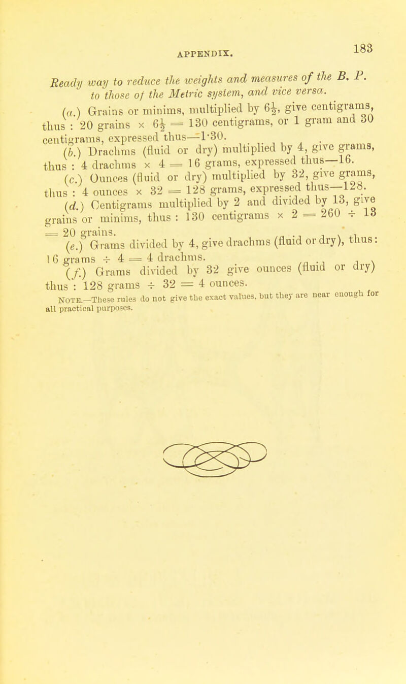 Ready loay to reduce the loeights and measures of the B, P. to those of the Metric system, and vice versa. (a.) Grains or minims, multiplied by 6i give centigrams thus : 20 grains x 6| = 130 centigrams, or 1 gram and 30 centigrams, expressed thus—1-30. , . ^ , . . (b ) Drachms (fluid or dry) multiplied by 4, give grama, thus : 4 drachms x 4 = 16 grams, expressed thus—16. (c.) Ounces (Huid or dry) multiplied by 32, give grams, thus : 4 ounces x 32 = 128 grams, expressed thus—128. (d.) Centigrams multiplied by 2 and divided by 13, give grains or minims, thus : 130 centigrams x 2 == 260 ^ 13 = 20 grains. ,„ . ■, ^ v .i (e.) Grams divided by 4, give drachms (fluid or dry), thus: 1 6 grams 4-4 = 4 drachms. (/.) Grams divided by 32 give ounces (fluid or dry) thus : 128 grams -i- 32 = 4 ounces. NOTE.-These r.iles do not give the exact values, but tliey are near enough for all practical purposes.