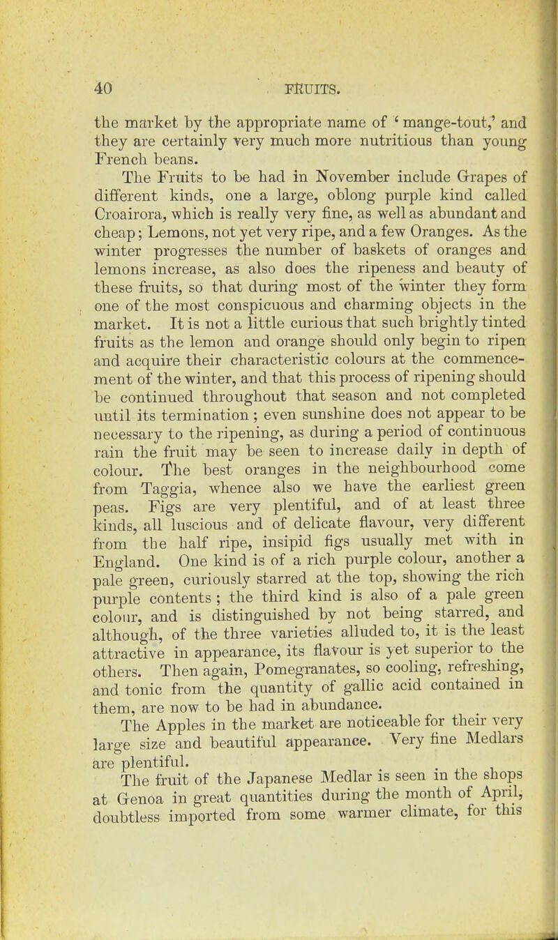 the market by the appropriate name of ' mange-tout,' and they are certainly very much more nutritious than young French beans. The Fruits to be had in November include Grrapes of different kinds, one a large, oblong purple kind called Croairora, -which is really very fine, as well as abundant and cheap; Lemons, not yet very ripe, and a few Oranges. As the winter progresses the number of baskets of oranges and lemons increase, as also does the ripeness and beauty of these fruits, so that during most of the winter they form one of the most conspicuous and charming objects in the market. It is not a little curious that such brightly tinted fruits as the lemon and orange should only begin to ripen and acquire their characteristic colours at the commence- ment of the winter, and that this process of ripening should be continued throughout that season and not completed until its termination ; even sunshine does not appear to be necessary to the ripening, as during a period of continuous rain the fruit may be seen to increase daily in depth of colour. The best oranges in the neighbourhood come from Taggia, whence also we have the earliest green peas. Figs are very plentiful, and of at least three kinds, all luscious and of delicate flavour, very diSFerent from the half ripe, insipid figs usually met with in England. One kind is of a rich purple colour, another a pale green, curiously starred at the top, showing the rich purple contents ; the third kind is also of a pale green colour, and is distinguished by not being starred, and although, of the three varieties alluded to, it is the least attractive in appearance, its flavour is yet superior to the others. Then again, Pomegranates, so cooling, refreshing, and tonic from the quantity of gallic acid contained in them, are now to be had in abundance. The Apples in the market are noticeable for their very large size and beautiful appearance. Very tine Medlars are plentiful. . The fruit of the Japanese Medlar is seen m the shops at Genoa in great quantities during the month of April, doubtless imported from some warmer climate, for this