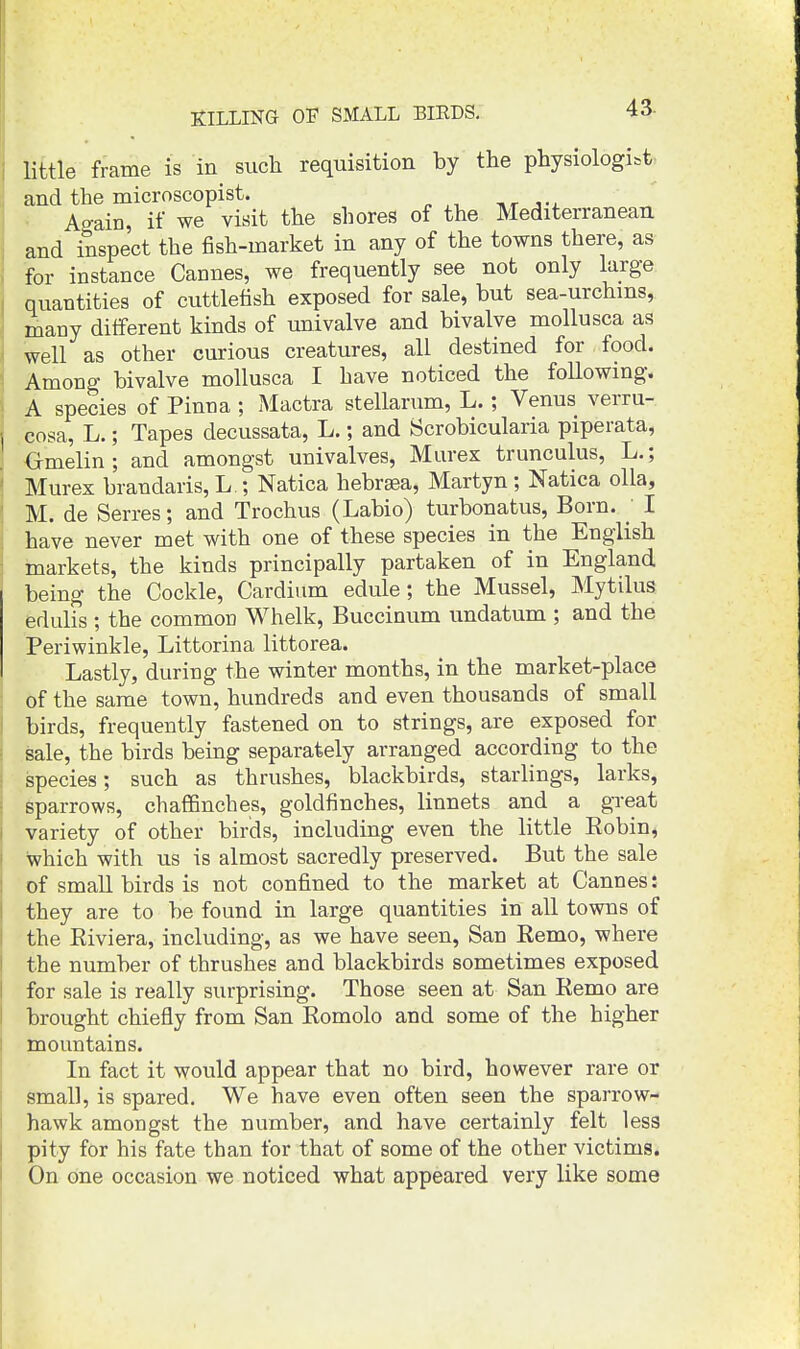 KILLING or SMALL BIEDS. 43- little frame is in such requisition by the physiologist and the microscopist. ,r j-i. ^ ■ Again, if we visit the shores of the Mediterranean and inspect the fish-market in any of the towns there, as ■for instance Cannes, we frequently see not only large quantities of cuttlefish exposed for sale, but sea-urchms, many different kinds of univalve and bivalve mollusca as well as other cm-ious creatures, all destined for food. Among bivalve mollusca I have noticed the following. A species of Pinna ; Mactra stellarum, L.; Venus verru- cosa, L.; Tapes decussata, L.; and Scrobicularia piperata, Gmelin; and amongst univalves, Murex trunculus, L.; Murex brandaris, L.; Natica hebraea, Martyn ; Natica olla, M. de Serres; and Trochus (Labio) turbonatus. Born. ' I have never met with one of these species in the English markets, the kinds principally partaken of in England being the Cockle, Cardium edule; the Mussel, Mytilus edulis ; the common Whelk, Buccinum undatum ; and the Periwinkle, Littorina littorea. Lastly, during the winter months, in the market-place of the same town, hundreds and even thousands of small birds, frequently fastened on to strings, are exposed for sale, the birds being separately arranged according to the species; such as thrushes, blackbirds, starlings, larks, sparrows, chaffinches, goldfinches, linnets and a great variety of other birds, including even the little Robin, which with us is almost sacredly preserved. But the sale of small birds is not confined to the market at Cannes: they are to be found in large quantities in all towns of the Eiviera, including, as we have seen, San Remo, where the number of thrushes and blackbirds sometimes exposed for sale is really surprising. Those seen at San Remo are brought chiefly from San Romolo and some of the higher mountains. In fact it would appear that no bird, however rare or small, is spared. We have even often seen the sparrow- hawk amongst the number, and have certainly felt less pity for his fate than for that of some of the other victims. On one occasion we noticed what appeared very like some