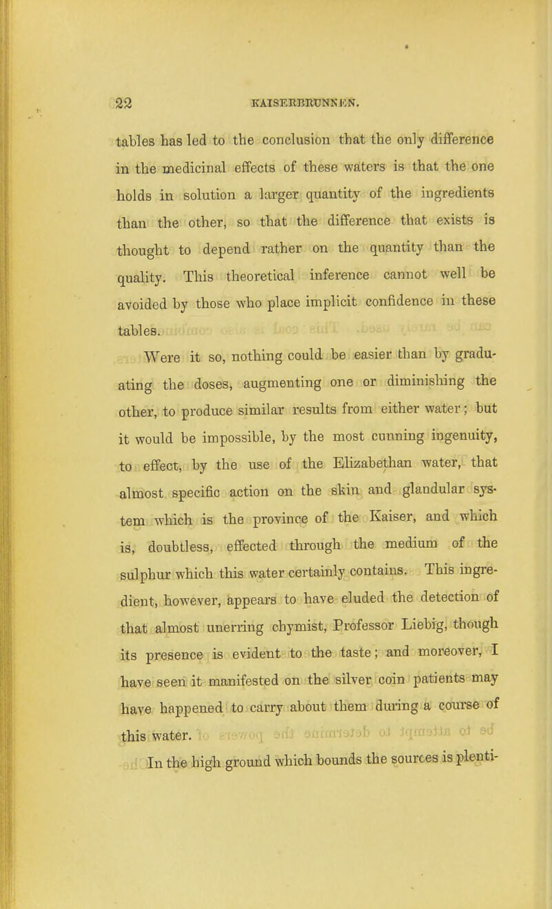 I 22 KAISEJIBRUNNJCN. tables has led to the conclusion that the only difference in the medicinal effects of these waters is that the one holds in solution a larger quantity of the ingredients than the other, so that the difference that exists is thought to depend rather on the quantity than the quality. This theoretical inference cannot well be avoided by those who place implicit confidence in these tables. Were it so, nothing could be easier than by gradu- ating the doses, augmenting one or diminishing the other, to produce similar results from either water; but it would be impossible, by the most cunning ingenuity, to effect, by the use of the Elizabethan water, that almost specific action on the skin and glandular sys- tem which is the province of the Kaiser, and which is, doubtless, effected through the medium of the sulphur which this water certainly contains. This ingre- dient, however, appears to have eluded the detection of that almost unerring chymist, Professor Liebig, though its presence is evident to the taste; and moreover, I have seen it manifested on the silver coin patients may have happened to carry about them during a course of this water. In the high ground which bounds the sources is plenti-