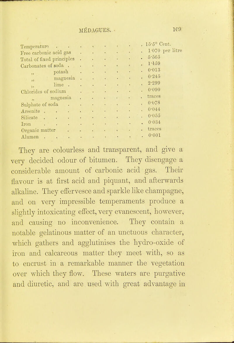 MEDAGUES. 1C9 Temperature • . 15-5° Cent- Free carbonic acid gas . . . • • • • J'070 per litre Total of fixed principles 5'5^5 Carbonates of soda 1-459 potash °'013 magnesia u lime ., 2-299 Chlorides of sodium °'090 „ magnesia traces Sulphate of soda °-°78 Arsenite 0-044 Silicate » • ' • 0-055 Iron . ' 0'03* Organic matter traces Alumen 0-001 They are colourless and transparent, and give a very decided odour of bitumen. They disengage a considerable amount of carbonic acid gas. Their flavour is at first acid and piquant, and afterwards alkaline. They effervesce and sparkle like champagne, and on very impressible temperaments produce a slightly intoxicating effect, very evanescent, however, and causing no inconvenience. They contain a notable gelatinous matter of an unctuous character, which gathers and agglutinises the hydro-oxide of iron and calcareous matter they meet with, so as to encrust in a remarkable manner the vegetation over which they flow. These waters are purgative and diuretic, and are used with great advantage in