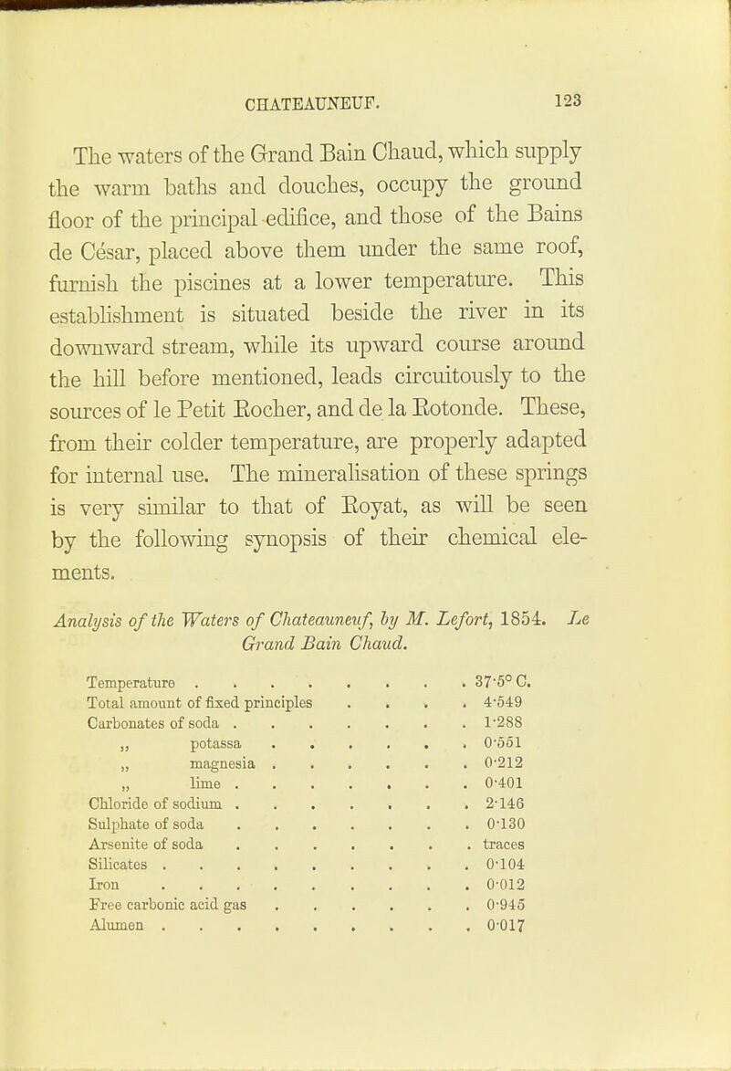 The waters of the Grand Bain Chaud, which supply the warm baths and douches, occupy the ground floor of the principal edifice, and those of the Bains de Cesar, placed above them under the same roof, furnish the piscines at a lower temperature. This establishment is situated beside the river in its downward stream, while its upward course around the hill before mentioned, leads circuitously to the sources of le Petit Eocher, and de la Eotoncle. These, from their colder temperature, are properly adapted for internal use. The mineralisation of these springs is very similar to that of Eoyat, as will be seen by the following synopsis of their chemical ele- ments. Analysis of the Waters of Chateauneuf by M. Lefort, 1854. Le Grand Bain Chaud. Temperature 37-5° C. Total amount of fixed principles .... 4-549 Carbonates of soda 1-288 „ potassa ...... 0-551 „ magnesia 0-212 „ lime 0-401 Chlorido of sodium ....... 2° 146 Sulphate of soda 0-130 Arsenite of soda traces Silicates 0-104 Iron . 0-012 Free carbonic acid gas ...... 0-945 Alumen 0-017