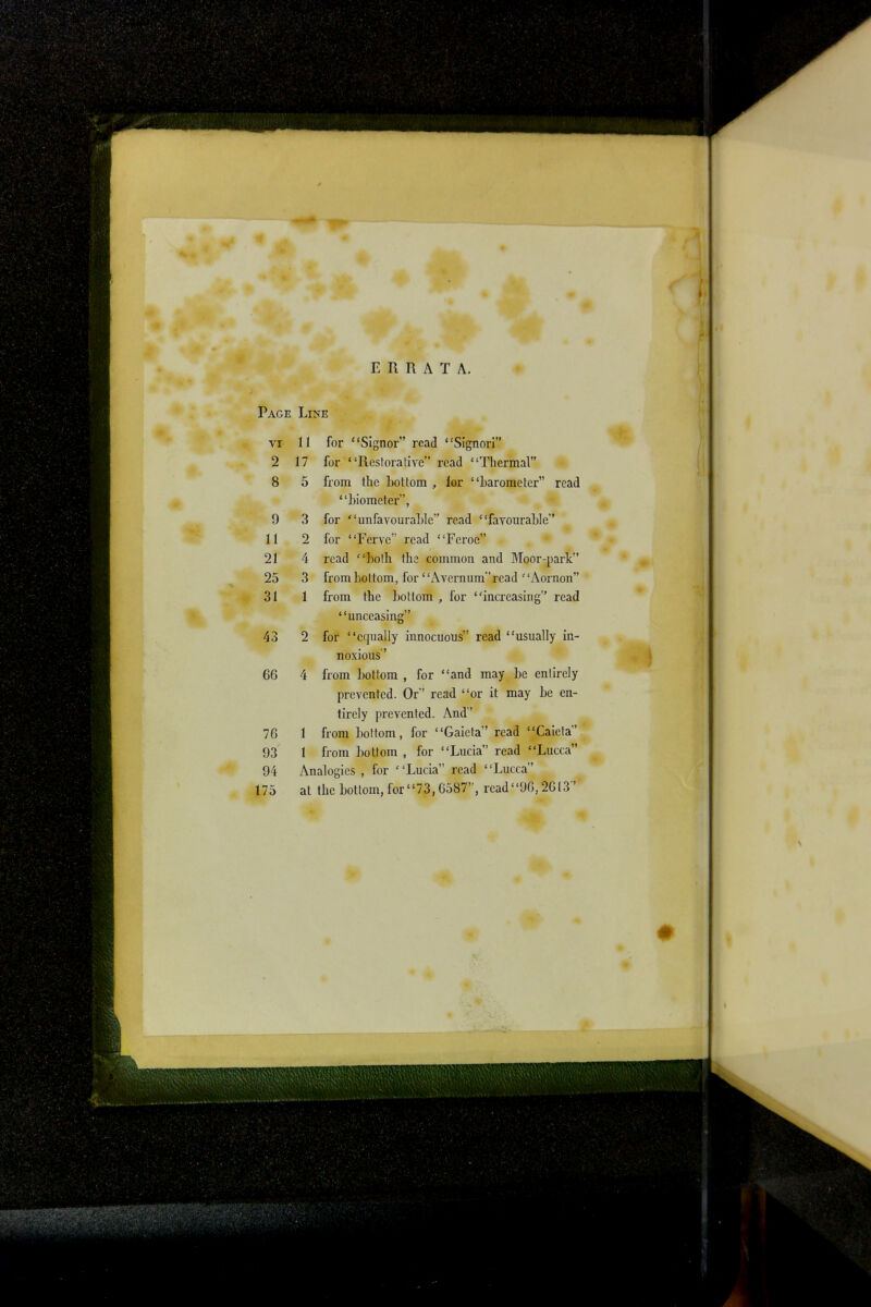 ERRATA. Page Line vi 11 for Signor read Signori 2 17 for Restorative read Thermal 8 5 from the bottom , lor barometer read biometer, 9 3 for unfavourable read favourable 11 2 for Ferve read Feroe 21 4 read both the common and Moor-park 25 3 frombottom, for Avernunr'read Aornon 31 1 from the bottom , for increasing read unceasing 43 2 for equally innocuous read usually in- noxious' 66 4 from bottom , for and may be entirely prevented. Or read or it may be en- tirely prevented. And 76 1 from bottom, for Gaieta read Caieta 93 1 from bottom , for Lucia read Lucca 94 Analogies , for Lucia read Lucca 175 at the bottom, for 73,6587, read96,2613