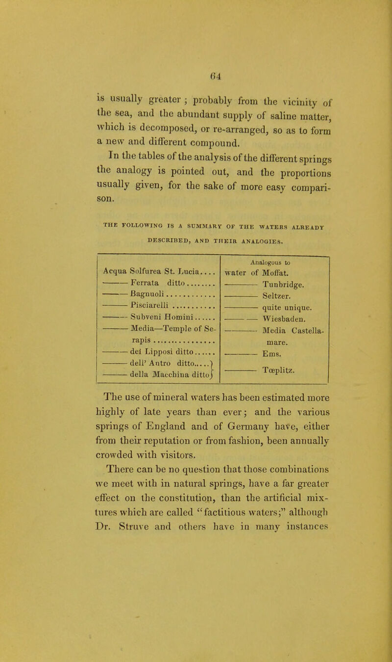 is usually greater ; probably from tbe vicinity of the sea, and tbe abundant supply of saline matter, which is decomposed, or re-arranged, so as to form a new and different compound. In the tables of the analysis of the different springs the analogy is pointed out, and the proportions usually given, for the sake of more easy compari- son. THE FOLLOWING IS A SUMMARY OF THE WATERS ALREADY DESCRIBED, AND THEIR ANALOGIES. Acqua Solfurea St. Lucia Ferrata ditto Bagnuoli Pisciarelli Subveni Homini Media—Temple of Se- rapis dei Lipposi ditto dell' Antro ditto ) della Macchiua ditto) Analogous to water of Moffat. Tunbridge. ■ Seltzer. quite unique. ■ Wiesbaden. Media Castella- mare. Ems. Toeplitz. The use of mineral waters has been estimated more highly of late years than ever; and the various springs of England and of Germany have, either from their reputation or from fashion, been annually crowded with visitors. There can be no question that those combinations we meet with in natural springs, have a far greater effect on the constitution, than the artificial mix- tures which are called factitious waters; although Dr. Struve and others have in many instances