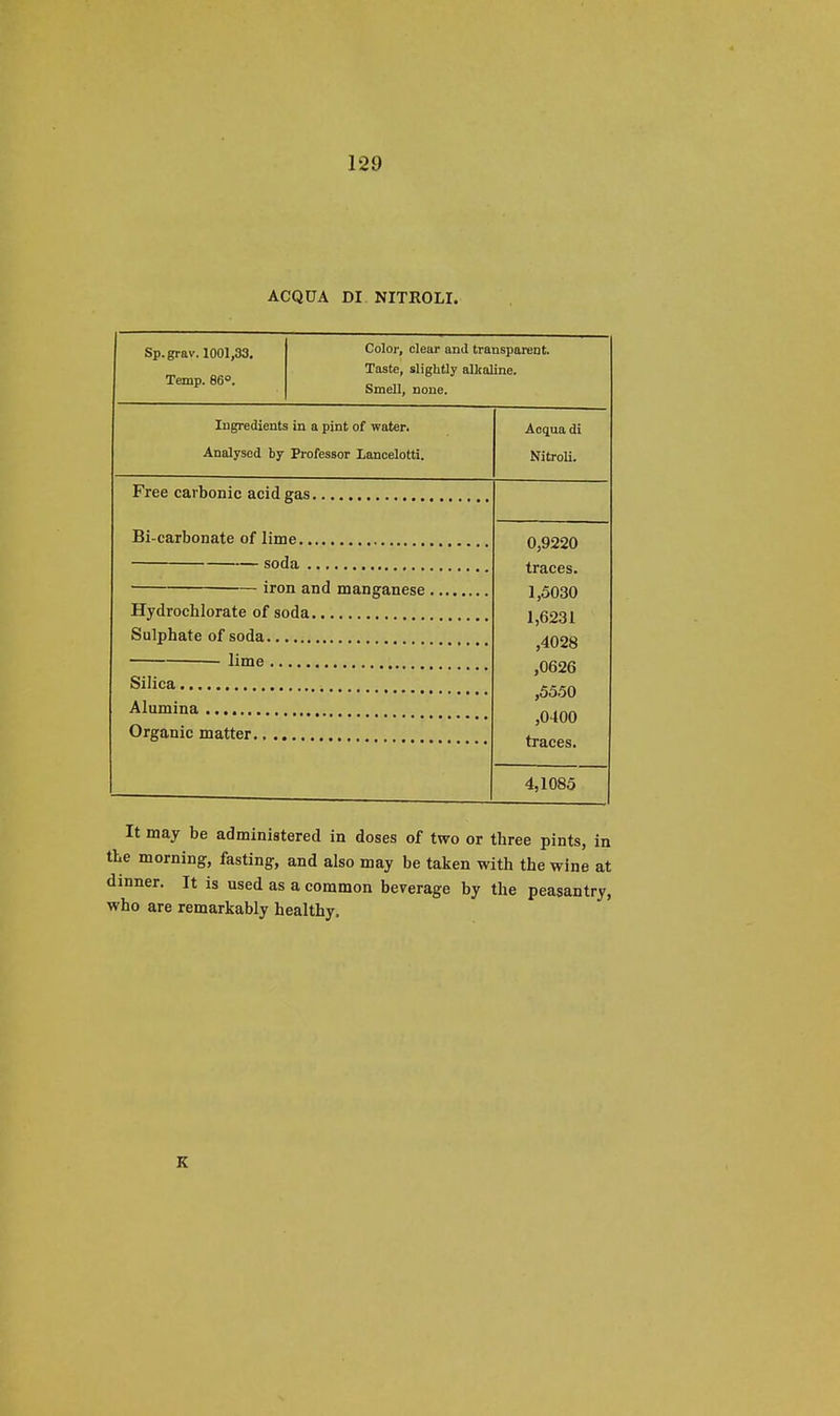 ACQ DA DI NITROLI. Sp.grav. 1001,33. Temp. 86°. Color, clear and transparent. Taste, slightly alkaline. Smell, none. Ingredients in a pint of water. Analysed by Professor Lancelotti. Acqua di Nitroli. Free carbonic acid gas. Bi carbonate of lime soda ■ iron and manganese , Hydrochlorate of soda. Sulphate of soda lime Silica Alumina Organic matter 0,9220 traces. 1,5030 1,6231 ,4028 ,0626 ,5550 ,0400 traces. 4,1085 It may be administered in doses of two or three pints, in the morning, fasting, and also may be taken with the wine at dinner. It is used as a common beverage by the peasantry, who are remarkably healthy. R