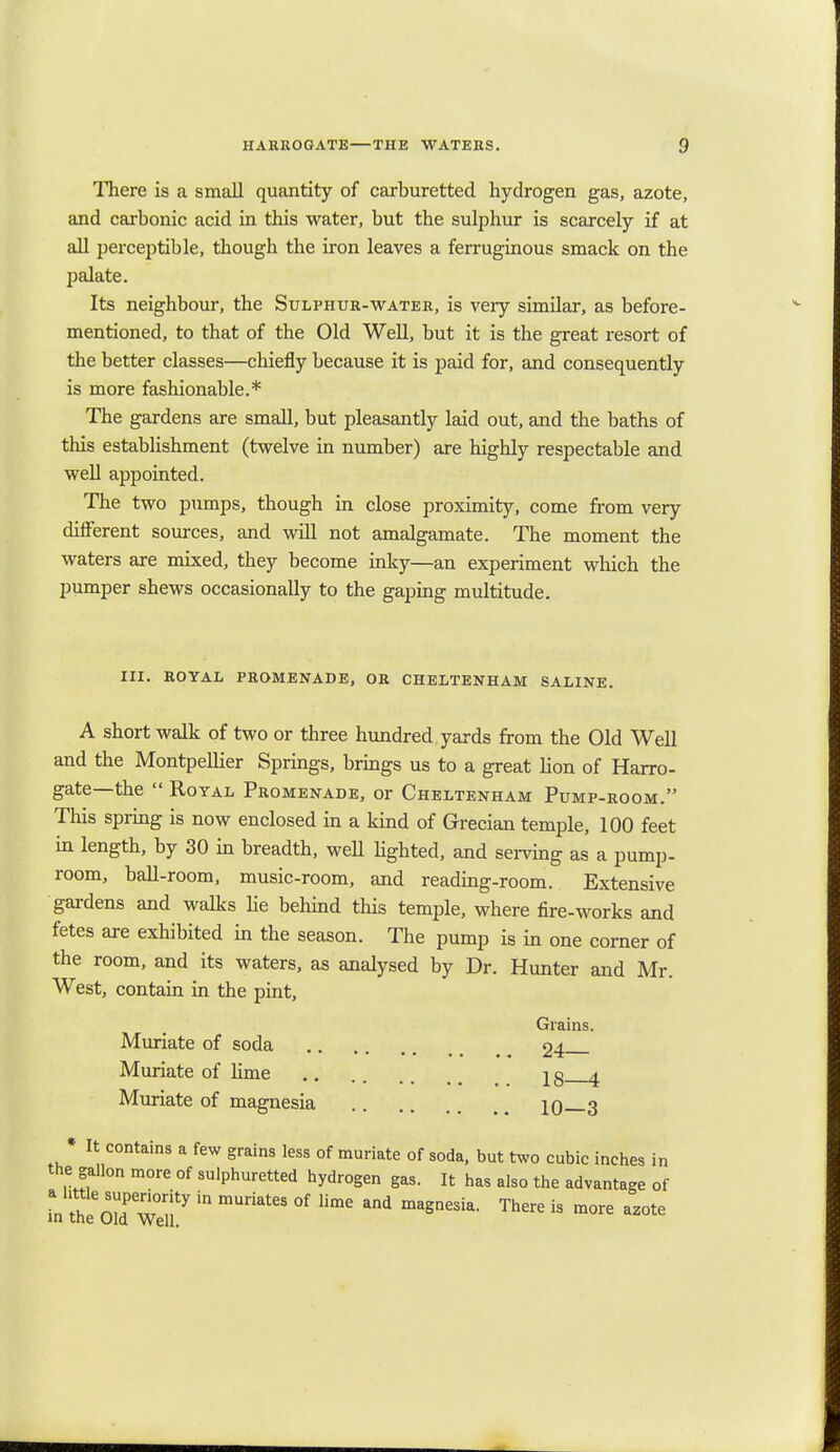 There is a small quantity of carburetted hydrogen gas, azote, and carbonic acid in this water, but the sulphur is scarcely if at all perceptible, though the iron leaves a ferruginous smack on the palate. Its neighbour, the Sulphur-water, is very similar, as before- mentioned, to that of the Old Well, but it is the great resort of the better classes—chiefly because it is paid for, and consequently is more fashionable.* The gardens are small, but pleasantly laid out, and the baths of this establishment (twelve in number) are highly respectable and well appointed. The two pumps, though in close proximity, come from very different sources, and will not amalgamate. The moment the waters are mixed, they become inky—an experiment which the pumper shews occasionally to the gaping multitude. III. ROYAL PROMENADE, OR CHELTENHAM SALINE. A short walk of two or three hundred yards from the Old Well and the MontpeUier Springs, brings us to a great Hon of Harro- gate—the  Royal Promenade, or Cheltenham Pump-room. This spring is now enclosed in a kind of Grecian temple, 100 feet in length, by 30 in breadth, well lighted, and serving as a pump- room, ball-room, music-room, and reading-room. Extensive gardens and walks lie behind this temple, where fire-works and fetes are exhibited in the season. The pump is in one corner of the room, and its waters, as analysed by Dr. Hunter and Mr. West, contain in the pint, Grains. Muriate of soda 24 Muriate of lime jg ^ Muriate of magnesia 10 3 • It contains a few grains less of muriate of soda, but two cubic inches in the gallon more of sulphuretted hydrogen gas. It has also the advantage of I SnTw in mUrkteS °f Hme and mSnesia- There is ™™ azote in the Old Well.