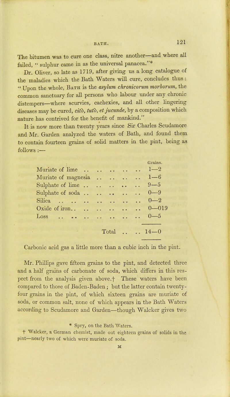 The bitumen was to cure one class, nitre another—and where all failed,  sulphur came in as the universal panacea.* Dr. Oliver, so late as 1719, after giving us a long catalogue of the maladies which the Bath Waters will cure, concludes thus:  Upon the whole, Bath is the asylum chronicorum morborum, the common sanctuary for all persons who labour under any chronic distempers—where scurvies, cachexies, and all other lingering diseases may be cured, citb, tutb, et jucunde, by a composition which nature has contrived for the benefit of mankind. It is now more than twenty years since Sir Charles Scudamore and Mr. Garden analyzed the waters of Bath, and found them to contain fourteen grains of solid matters in the pint, being as follows :— Grains. Muriate of lime 1—2 Muriate of magnesia 1—6 Sulphate of lime 9—5 Sulphate of soda 0—9 Silica 0—2 Oxide of iron .. 0—019 Loss 0—5 Total .. .. 14—0 Carbonic acid gas a little more than a cubic inch in the pint. Mr. Phillips gave fifteen grains to the pint, and detected three and a half grains of carbonate of soda, which differs in this res- pect from the analysis given above.f These waters have been compared to those of Baden-Baden; but the latter contain twenty- four grains in the pint, of which sixteen grains are muriate of soda, or common salt, none of which appears in the Bath Waters according to Scudamore and Garden—though Walcker gives two * Spry, on the Bath Waters, f Walcker, a German chemist, made out eighteen grains of solids in the pint—nearly two of which were muriate of soda. M