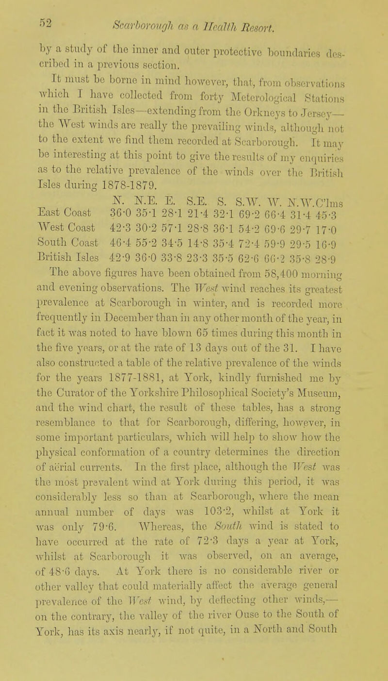 '^'^ Scarborough a>j a Hccillh Resort. by a study of the inner and outer protective boundaries des- cribed in a in'cvious section. It must bo borne in mind however, that, from observations which I liave collected from forty Mcterological Stations in the British Isles—extending from the Orkneys to Jersey— the West winds are really the prevailing winds, althougli not to the extent we find them recorded at Scarborougli. It may be interesting at this point to give the results of my enquiries as to the relative prevalence of the winds over tlie British Isles durmg 1878-1879. N.E. E. S.E. S. S.W. W. N.W.C']ms East Coast 36-0 35-1 28-1 21-4 32-1 69-2 66-4 31-4 4.5-3 West Coast 42-3 30-2 .57-1 28-8 36-1 54-2 69-0 29-7 17-0 South Coast 46-4 55-2 34-5 14-8 35-4 72-4 59-9 29-5 lG-9 British Isles 42-9 3G-0 33-8 23-3 35-5 62-6 G(;-2 35-8 28-9 The above figures have been obtained from 58,400 morning and evening observations. The We4 wind reaches its greatest prevalence at Scarborough in winter, and is recorded more frequently in December than in any other month of the year, in fact it was noted to have blown 65 times during this month in the five y(\ars, or at the rate of 13 days out of the 31. I have also constructed a table of the relative prevalence of the Aviuds for the years 1877-1881, at York, kindly furnished me by the Curator of the Yorkshire Philosophical Society's Museum, and the wind chart, the result of those tables, has a strong resemblance to that for Scarborough, differing, however, in some important particulars, which Avill help to show how the physical conformation of a country determines the direction of aerial currents. In the first place, although the West Avas tlie most pre\-alent Avind at York during this period, it Avas considerably less so than at Scarborough, Avhere the moan annual number of days Avas 103-2, Avhilst at York it Avas only 79-6. Whereas, the South Avind is stated to have occurred at the rate of 72-3 daj^s a j^ear at York, Avliilst at Scarborough it Avas observed, on an average, of 48'G days. At Yoi-k there is no considerable river or other valley that could materially affect the average general jirevalence of the Wci>f Avind, by defieeting other Avinds,— on the contrary, the valley of the river Ouse to the South of York, has its axis nearly, if not quite, in a North and South