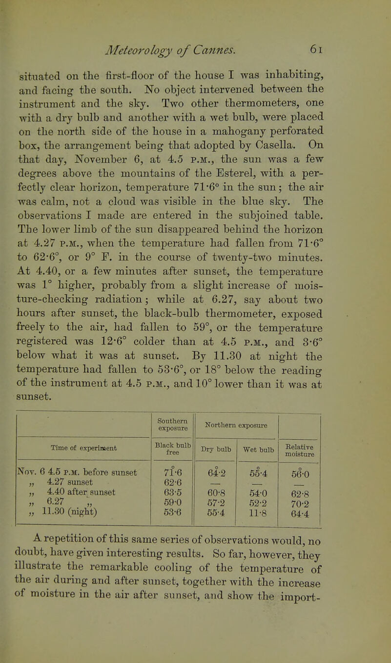 situated on the first-floor of the house I was inhabiting, and facing the south. No object intervened between the instrument and the sky. Two other thermometers, one with a dry bulb and another with a wet bulb, were placed on the north side of the house in a mahogany perforated box, the arrangement being that adopted by Casella. On that day, November 6, at 4.5 p.m., the sun was a few degrees above the mountains of the Esterel, with a per- fectly clear horizon, temperature 71'6° in the sun; the air was calm, not a cloud was visible in the blue sky. The observations I made are entered in the subjoined table. The lower limb of the sun disappeared behind the horizon at 4.27 P.M., when the temperature had fallen from 71 6° to 62*6°, or 9° F. in the course of twenty-two minutes. At 4.40, or a few minutes after sunset, the temperature was 1° higher, probably from a slight increase of mois- ture-checking radiation; while at 6.27, say about two hours after sunset, the black-bulb thermometer, exposed freely to the air, had fallen to 59°, or the temperature registered was 12*6° colder than at 4.5 p.m., and 3-6° below what it was at sunset. By 11.30 at night the temperature had fallen to 53-6°, or 18° below the reading of the instrument at 4.5 p.m., and 10° lower than it was at sunset. Sonthem exposure Northern exposure Time of experiment Black bulb free Dry bulb Wet bulb Belative moisture Nov. 6 4.5 P.M. before sunset „ 4.27 sunset „ 4.40 after sunset „ 6.27 „ 11.30 (night) 71-6 62-6 635 59-0 53-6 64-2 60-8 57-2 55-4 65-4 54-0 52-2 11-8 56-0 62-8 70-2 64-4 A repetition of this same series of observations would, no doubt, have given interesting results. So far, however, they illustrate the remarkable cooling of the temperature of the air during and after sunset, together with the increase of moisture in the air after sunset, and show the import-