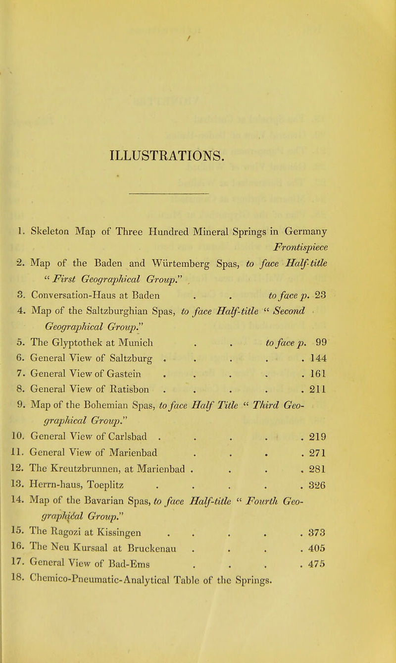 ILLUSTRATIONS. 1. Skeleton Map of Three Hundred Mineral Springs in Germany Frontispiece 2. Map of the Baden and Wiirtemberg Spas, to face Half-title  First Geographical Group 3. Conversation-Haus at Baden . . to face p. 23 4. Map of the Saltzburghian Spas, to face Half-title  Second Geographical Group b. The Glyptothek at Munich . . to face p. 99 6. General View of Saltzburg , . . . .144 7. General View of Gastein . . . . .161 8. General View of Ratisbon . . . . .211 9. Map of the Bohemian Spas, to face Half Title  Third Geo- graphical Group. 10. General View of Carlsbad . . . . .219 11. General View of Marienbad . . . .271 12. The Kreutzbrunnen, at Marienbad . . . .281 13. Herrn-haus, Toeplitz ..... 326 14. Map of the Bavarian Spas, to face Half-title  Fourth Geo- graphidal Group. 15. The Ragozi at Kissingen .... . 373 16. The Neu Kursaal at Bruckenau .... 405 17. General View of Bad-Ems . . . .475 18. Chcmico-Pneumatic-Analytical Table of the Springs.