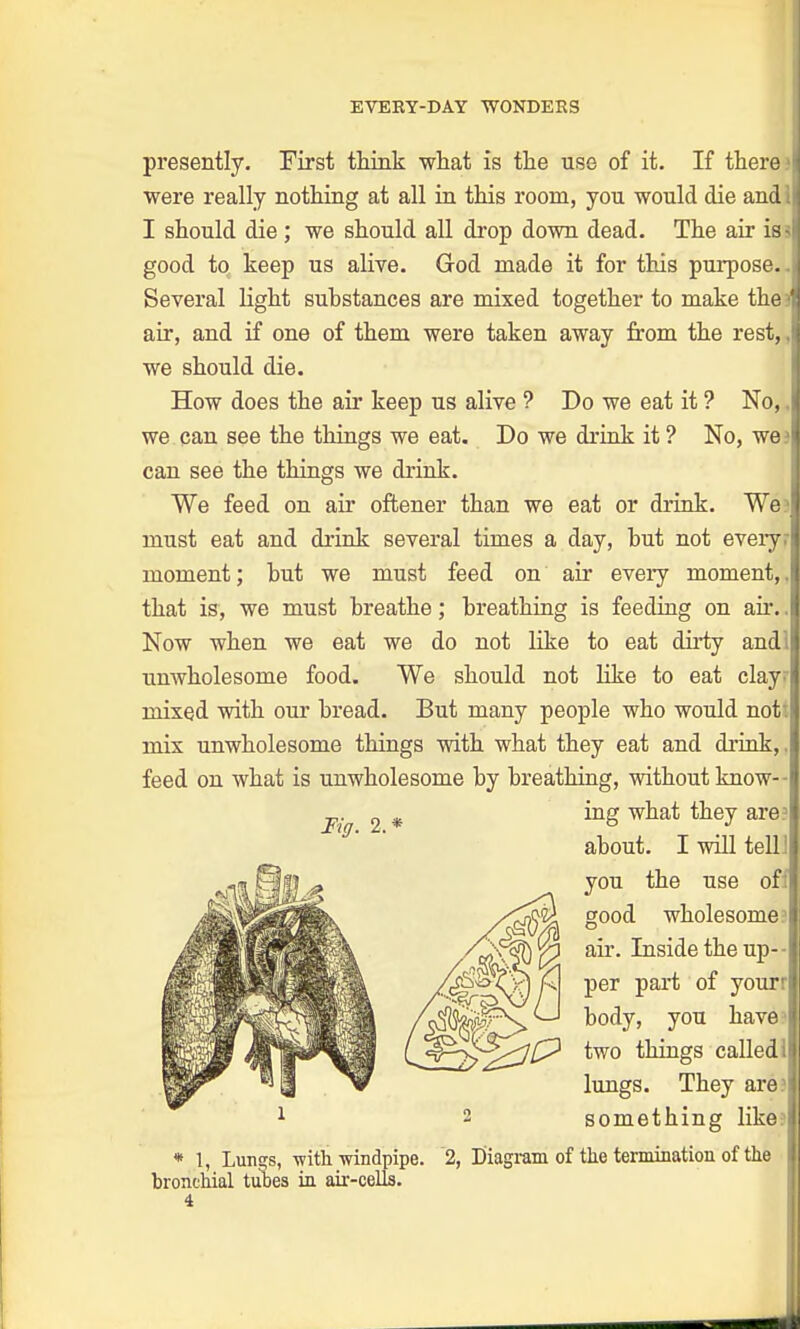 presently. First think what is the use of it. If there? were really nothing at all in this room, yon would die andi I should die ; we should all drop down dead. The air is3 good to keep us alive. God made it for this purpose.. Several light substances are mixed together to make the?1 air, and if one of them were taken away from the rest, I we should die. How does the air keep us alive ? Do we eat it ? No, J we can see the things we eat. Do we drink it ? No, we? can see the things we drink. We feed on air oftener than we eat or drink. We i must eat and drink several times a day, but not everyr moment; hut we must feed on air every moment,. that is, we must breathe; breathing is feeding on ah*.. Now when we eat we do not like to eat dirty andl unwholesome food. We should not like to eat clayd mixed with our bread. But many people who would not: mix unwholesome things with what they eat and drink,, feed on what is unwholesome by breathing, without know-- * 1, Lungs, with windpipe. 2, Diagram of tlie termination of the bronchial tubes in air-cells. l Fig. 2.* ing what they are3 about. I will tell] you the use of; good wholesome air. Inside the up- per part of yourr body, you have' two things called 1 lungs. They are: something like a