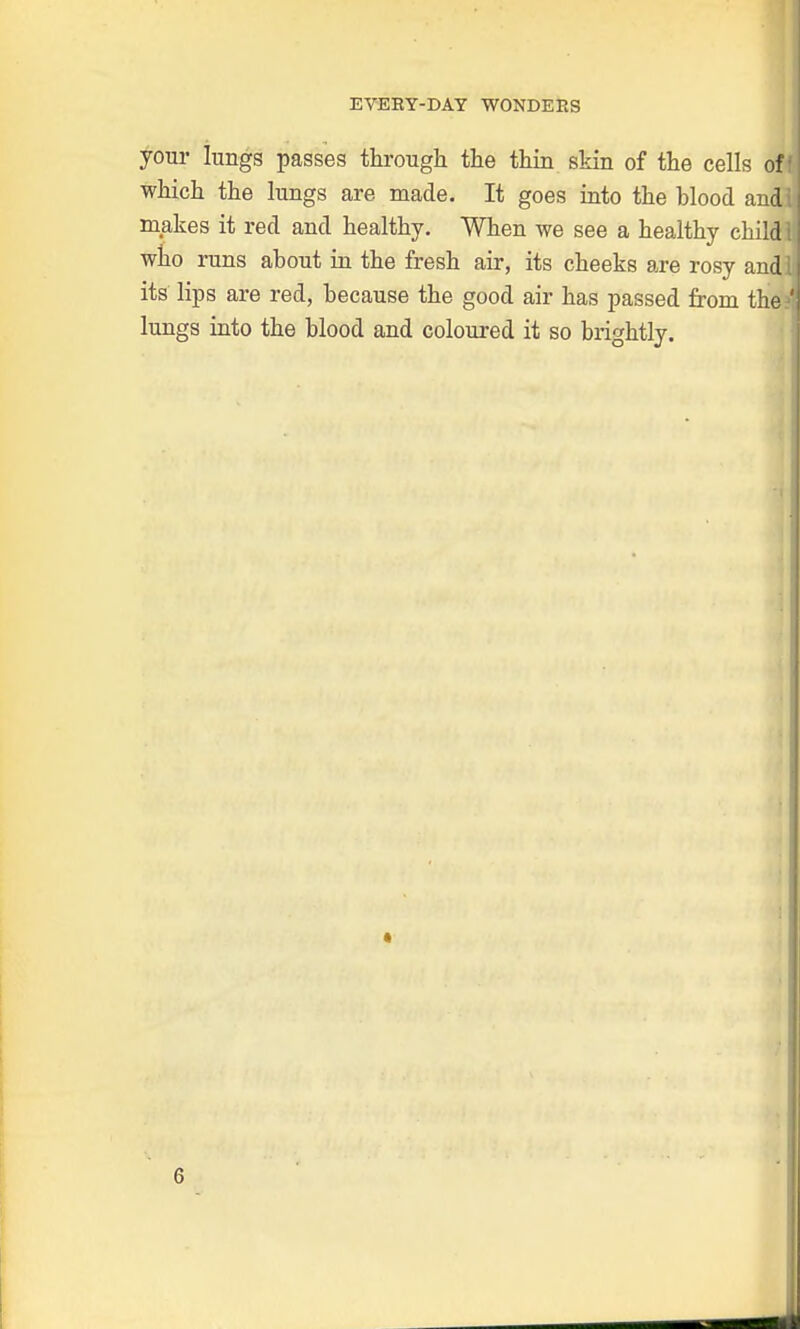your lungs passes through the thin skin of the cells ofJ which the lungs are made. It goes into the hlood andll makes it red and healthy. When we see a healthy chilM who runs ahout in the fresh air, its cheeks are rosy andffl its lips are red, because the good air has passed from the' lungs into the blood and coloured it so brightly.