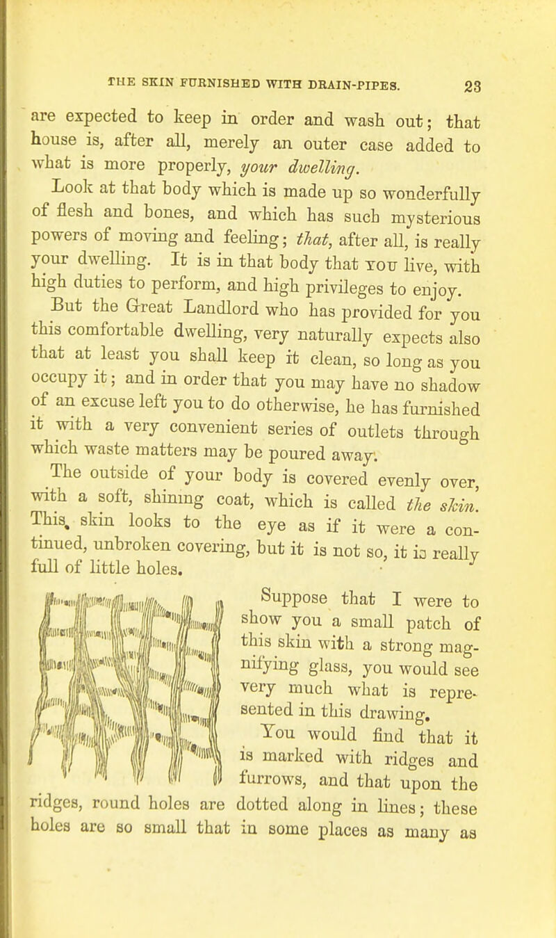 are expected to keep in order and wasli out; that house is, after all, merely an outer case added to what is more properly, your dwelling. Look at that body which is made up so wonderfully of flesh and bones, and which has such mysterious powers of moving and feeling; tlat, after aU, is really your dweUing. It is in that body that totj live, with high duties to perform, and high privileges to eujoy. But the Great Landlord who has provided for you this comfortable dweUing, very naturally expects also that at least you shall keep it clean, so long as you occupy it; and in order that you may have no shadow of an excuse left you to do otherwise, he has furnished it with a very convenient series of outlets through which waste matters may be poured away. The outside of your body is covered evenly over, with a soft, shinmg coat, which is called tlie sJcin This, skin looks to the eye as if it were a con- tinued, unbroken covering, but it is not so, it iz reallv full of little holes. • ^ Suppose that I were to show you a small patch of this skin with a strong mag- nifying ghiss, you would see very much what is repre- sented in this drawing. You would find that it is marked with ridges and i furrows, and that upon the ridges, round holes are dotted along in lines; these holes are so small that in some places as many as