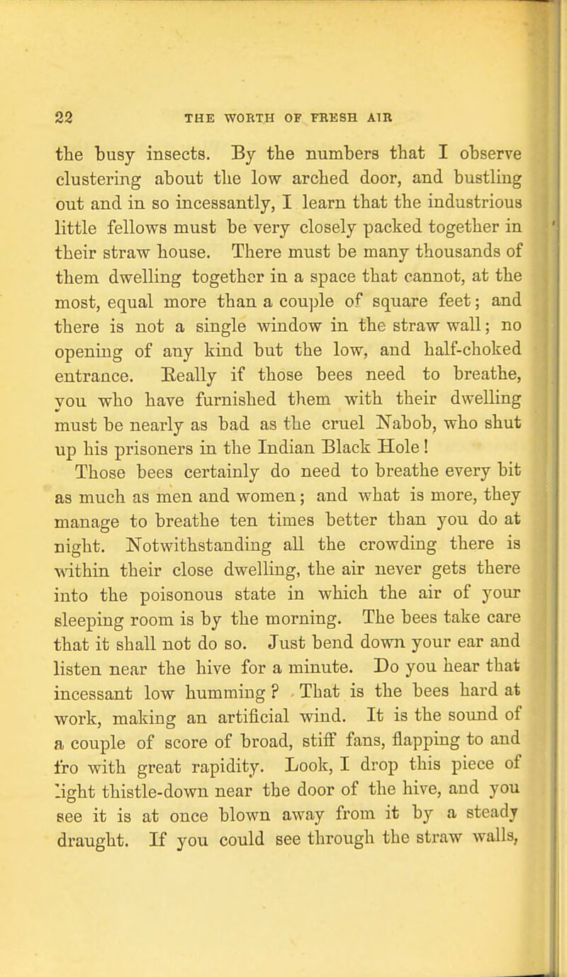 the busy insects. By the numbers that I ohserve clustering about the low arched door, and hustling out and in so incessantly, I learn that the industrious little fellows must be very closely packed together in their straw house. There must be many thousands of them dwelling together in a space that cannot, at the most, equal more than a couple of square feet; and there is not a single window in the straw wall; no opening of any kind but the low, and half-choked entrance. Eeally if those bees need to breathe, you who have furnished them with their dwelling must be nearly as bad as the cruel Nabob, who shut up his prisoners in the Indian Black Hole! Those bees certainly do need to breathe every bit as much as men and women; and what is more, they manage to breathe ten times better than you do at night. Notwithstanding all the crowding there is within their close dwelling, the air never gets there into the poisonous state in which the air of your sleeping room is by the morning. The bees take care that it shall not do so. Just bend down your ear and listen near the hive for a minute. Do you hear that incessant low hummiug ? . That is the bees hard at work, making an artificial wind. It is the sound of a couple of score of broad, stiff fans, flapping to and fro with great rapidity. Look, I drop this piece of light thistle-down near the door of the hive, and you see it is at once blown away from it by a steady draught. If you could see through the straw walls,
