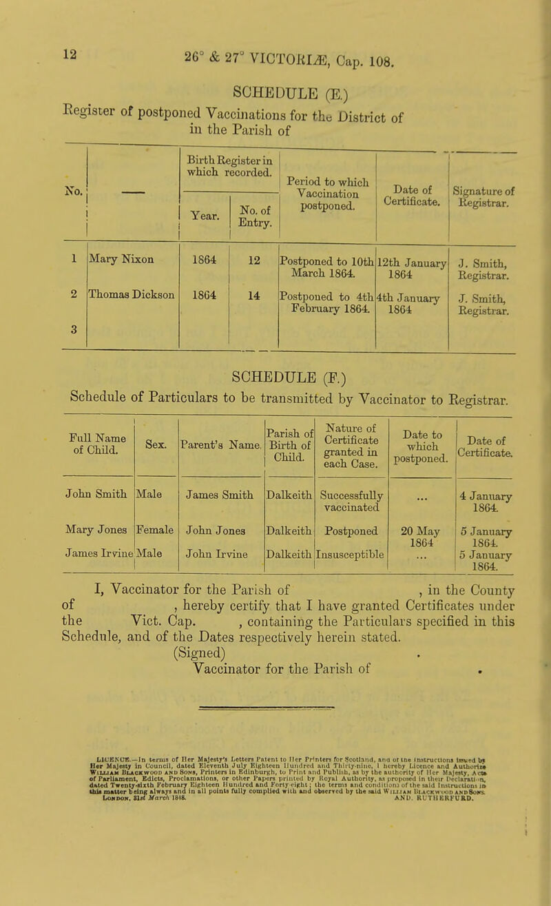 SCHEDULE (E.) Register of postponed Vaccinations for the District of in the Parish of No. Birth Register in which recorded. Period to which Vaccination postponed. Date of Certificate. Signature of Registrar. Year. No. of Entry. 1 Mary Nixon 1864 12 Postponed to 10th March 1864. 12th January 1864 J. Smith, Registrar. 2 3 Thomas Dickson 1864 14 Postponed to 4th February 1864. 4th January 1864 J. Smith, Registrar. SCHEDULE (E.) Schedule of Particulars to be transmitted by Vaccinator to Registrar. Full Name of Child. Sex. Parent's Name. Parish of Birth of Child. Nature of Certificate granted in each Case. Date to which postponed. Date of Certificate. John Smith Mary Jones James Irvine Male Female Male James Smith John Jones John Irvine Dalkeith Dalkeith Dalkeith Successfully vaccinated Postponed Insusceptible 20 May 1864 4 January 1864 5 January 1864 5 January 1864. I, Vaccinator for the Parish of , in the County of , hereby certify that I have granted Certificates under the Vict. Cap. , containing the Particulars specified in this Schedule, and of the Dates respectively herein stated. (Signed) Vaccinator for the Parish of Ll'.'KM'K -in terms of Her Majesty's Letters Patent to Mcr Printers for Scotland, ana ot tne instructions Issued by Her Majesty in Council, dated Eleventh July Eighteen Hundred and Thirty-nine, 1 hereby Licence and Authorln William Blackwood and Sons, Printers in Edinburgh, tu Print and Publish, as by the authority of Mcr Majesty, Act» of Parliament, Edicts, Proclamations, or other Papers printed by lioyal Authority, as proposed in their Declaration, dated Twenty-sixth February Eighteen Hundred and Forty eight; the terms and condition! of tne said Instructions id this matter being always and in all points fully complied with and observed by the said William Blackwood anpSokv Lou don, tUt March 1848. AND. Kl'THERFU&D.