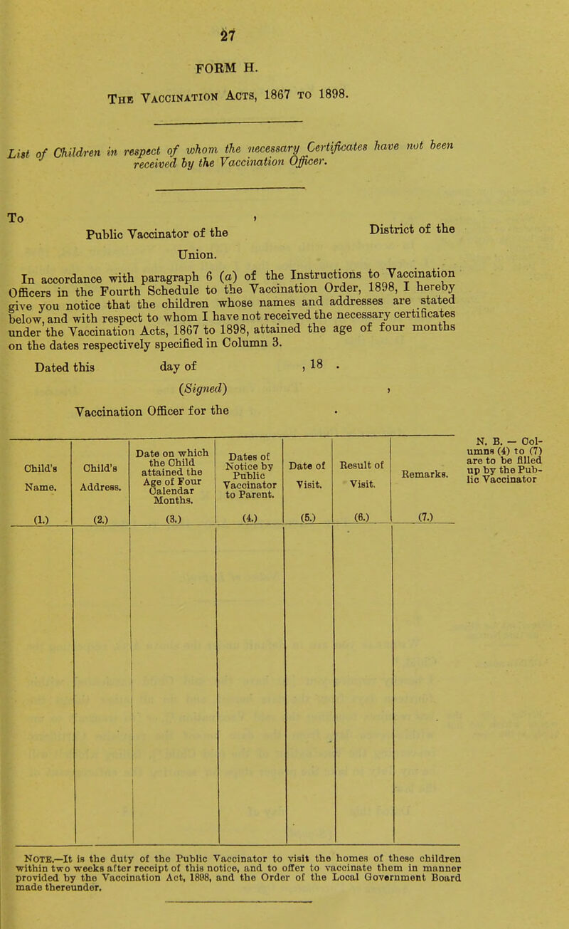 $7 FORM H. The Vaccination Acts, 1867 to 1898. List of Children in respect of whom the necessary Certificates have not been received by the Vaccination Officer. To Public Vaccinator of the Union. District of the In accordance with paragraph 6 (a) of the Instructions to Vaccination Officers in the Fourth Schedule to the Vaccination Order, 1898, I hereby give you notice that the children whose names and addresses are stated below and with respect to whom I have not received the necessary certificates under the Vaccination Acts, 1867 to 1898, attained the age of four months on the dates respectively specified in Column 3. Dated this day of (Signed) Vaccination Officer for the 18 Child's Name. (1.) Child's Address. (2.) Date on which the Child attained the Age of Four Calendar Months. (3.) Dates of Notice by Public Vaccinator to Parent. (*.) Date of Visit. (5.) Result of Visit. (6.) Remarks. (7.) N. B. - Col- umns (4) to (7) are to be filled up by the Pub- lic Vaccinator Note.—It is the duty of the Public Vaccinator to visit the homes of these children ■within two weeks after receipt of this notice, and to offer to vaccinate them in manner provided by the Vaccination Act, 1898, and the Order of the Local Government Board made thereunder.