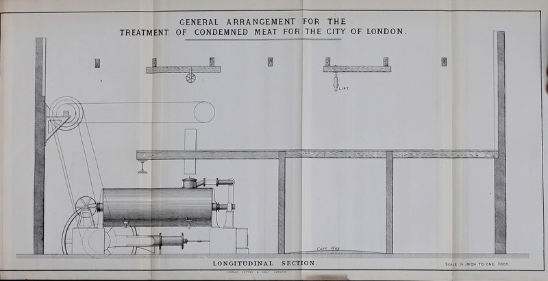 GENERAL ARRANGEMENT FOR THE TREATMENT OF CONDEMNED MEAT FOR {THE CITY OF LONDON. LONGITUDINAL SECTION. scale inch to one foot