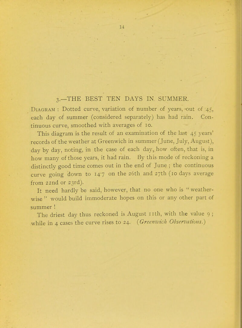 11 3.—THE BEST TEN DAYS IN SUMMER. Diagram : Dotted curve, variation of number of years, -out of 45, each day of summer (considered separately) has had rain. Con- tinuous curve, smoothed with averages of 10. This diagram is the result of an examination of the last 45 years' records of the weather at Greenwich in summer (June, July, August), day by day, noting, in the case of each dayvhow often, that is, in how many of those years, it had rain. By this mode of reckoning a distinctly good time comes out in the end of June ; the continuous curve going down to 147 on the 26th and 27th (10 days average from 22nd or 23rd). It need hardly be said, however, that no one who is  weather- wise  would build immoderate hopes on this or any other part of summer ! The driest day thus reckoned is August nth, with the value 9 ; while in 4 cases the curve rises to 24. {Greenwich Observations.)