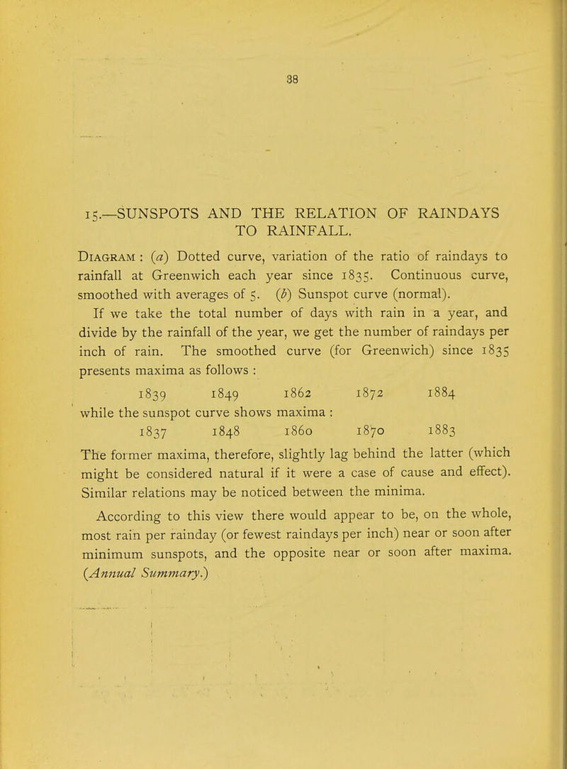 15.—SUNSPOTS AND THE RELATION OF RAINDAYS TO RAINFALL. Diagram : (a) Dotted curve, variation of the ratio of raindays to rainfall at Greenwich each year since 1835. Continuous curve, smoothed with averages of 5. (b) Sunspot curve (normal). If we take the total number of days with rain in a year, and divide by the rainfall of the year, we get the number of raindays per inch of rain. The smoothed curve (for Greenwich) since 1835 presents maxima as follows : 1839 l849 1862 l872 l884 while the sunspot curve shows maxima : 1837 1848 i860 1870 1883 The former maxima, therefore, slightly lag behind the latter (which might be considered natural if it were a case of cause and effect). Similar relations may be noticed between the minima. According to this view there would appear to be, on the whole, most rain per rainday (or fewest raindays per inch) near or soon after minimum sunspots, and the opposite near or soon after maxima. (Annual Summary.) 1