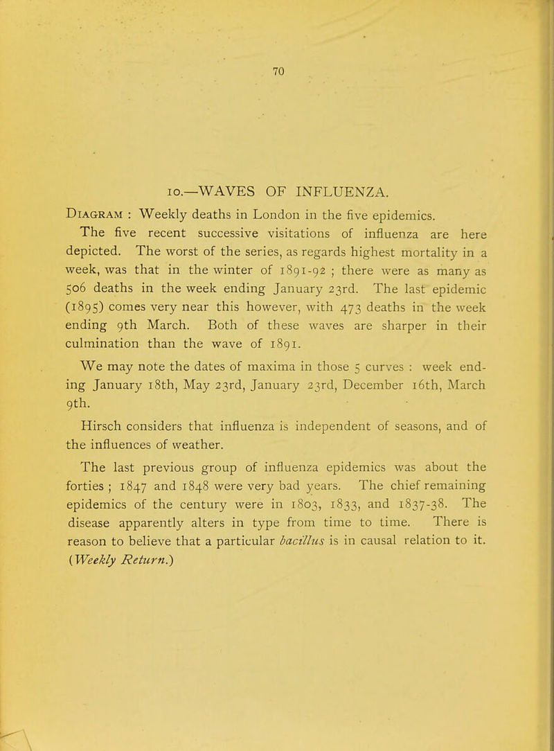 io.—WAVES OF INFLUENZA. Diagram : Weekly deaths in London in the five epidemics. The five recent successive visitations of influenza are here depicted. The worst of the series, as regards highest mortality in a week, was that in the winter of 1891-92 ; there were as many as 506 deaths in the week ending January 23rd. The last epidemic (1895) comes very near this however, with 473 deaths in the week ending 9th March. Both of these waves are sharper in their culmination than the wave of 1891. We may note the dates of maxima in those 5 curves : week end- ing January 18th, May 23rd, January 23rd, December 16th, March 9th. Hirsch considers that influenza is independent of seasons, and of the influences of weather. The last previous group of influenza epidemics was about the forties ; 1847 and 1848 were very bad years. The chief remaining epidemics of the century were in 1803, 1833, and 1837-38. The disease apparently alters in type from time to time. There is reason to believe that a particular bacillus is in causal relation to it. {Weekly Return.')