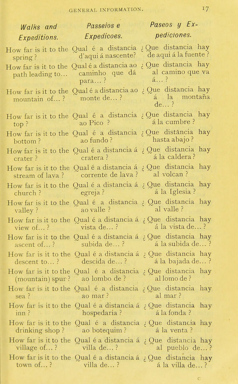 Walks and Passeios e Paseos y Ex- Expeditions. Expedicoes. pediciones. How far is it to the Qual e a distancia < Que distancia hay spring? d'aqui a nascente? de aqui a la fuente ? How far is it to the Qual e a distancia ao i Que distancia hay path leading to... caminho que da al camino que va para... ? a... ? How far is it to the Qual e a distancia ao i Que distancia hay mountain of... ? monte de... ? a la montaha de... ? How far is it to the Qual e a distancia i Que distancia hay top? aoPico? alacumbre? How far is it to the Qual e a distancia < Que distancia hay bottom ? ao fundo ? hasta abajo ? How far is it to the Qual e a distancia a <; Que distancia hay crater ? cratera ? a la caldera ? How far is it to the Qual e a distancia a £ Que distancia hay stream of lava ? corrente de lava ? al volcan ? How far is it to the Qual e a distancia a ,; Que distancia hay church ?  egreja ? a la Iglesia ? How far is it to the Qual e a distancia i Que distancia hay valley ?  ao valle ? al valle ? How far is it to the Qual e a distancia a Que distancia hay view of... ? vista de...? a la vista de... ? How far is it to the Qual e a distancia a i Que distancia hay ascent of...? subida de... ? a la subida de... ? How far is it to the Qual e a distancia a i Que distancia hay descent to... ? descida de... ? a la bajadade... ? How far is it to the Qual e a distancia i Que distancia hay (mountain) spur ? ao lombo de ? al lomo de ? How far is it to the Qual e a distancia Que distancia hay sea ? ao mar ? al mar ? How far is it to the Qual e a distancia a Que distancia hay inn ? hospedaria ? a la fonda ? How far is it to the Qual e a distancia <; Que distancia hay drinking shop ? ao botequim ? a la venta ? How far is it to the Qual e a distancia a Que distancia hay village of... ? villa de... ? al pueblo de... ? How far is it to the Qual e a distancia a i Que distancia hay town of... ? villa de... ? a la villa de... ? c