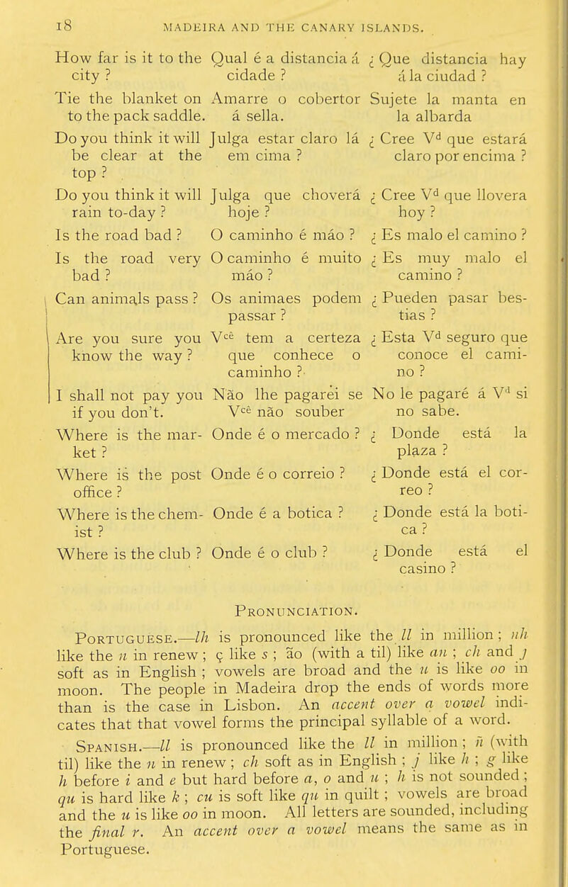 How far is it to the Qual e a distancia a i Que distancia hay city ? cidade ? ;i la ciudad ? Tie the blanket on Amarre o cobertor Sujete la manta en to the pack saddle. a sella. la albarda Do you think it will Julga estar claro la i Cree Vd que estara be clear at the em cima ? claro por encima ? top ? Do you think it will Julga que chovera i Cree Vd que llovera rain to-day ? hoje ? hoy ? Is the road bad ? O caminho e mao ? i Es malo el camino ? Is the road very O caminho e muito i Es muy malo el bad ? mao ? camino ? Can animals pass ? Os animaes podem i Pueden pasar bes- passar ? tias ? Are you sure you Vc£ tern a certeza i Esta Vd seguro que know the way ? que conhece o conoce el cami- caminho ? no ? I shall not pay you Nao lhe pagarei se No le pagare a Vd si if you don't. V nao souber no sabe. Where is the mar- Onde e o mercado ? i Donde esta la ket ? plaza ? Where is the post Onde e o correio ? i Donde esta el cor- office ? reo ? Where is the chem- Onde e a botica ? i Donde esta la boti- ist ? ca ? Where is the club ? Onde e o club ? ; Donde esta el casino Pronunciation. Portuguese.—Ih is pronounced like the 11 in million ; ;/// like the n in renew ; 9 like s ; ao (with a til) like an ; ch and / soft as in English ; vowels are broad and the u is like 00 in moon. The people in Madeira drop the ends of words more than is the case in Lisbon. An accent over a vowel indi- cates that that vowel forms the principal syllable of a word. Spanish.—U is pronounced like the 11 in million ; it (with til) like the n in renew; ch soft as in English ; j like h ; g like h before i and e but hard before a, 0 and u ; h is not sounded ; qu is hard like k ; cu is soft like qu in quilt ; vowels are broad and the u is like 00 in moon. All letters are sounded, including the final r. An accent over a vowel means the same as in Portuguese.