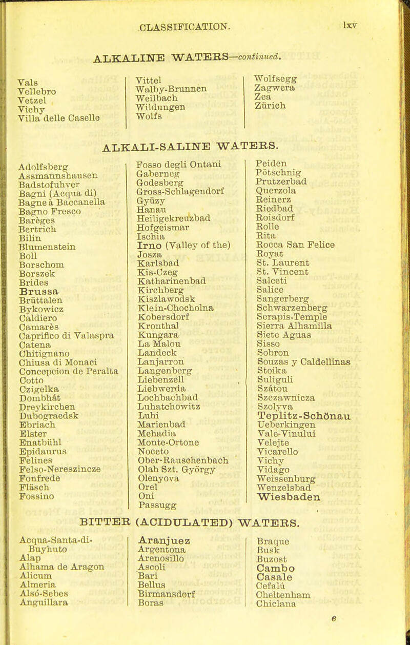 ALKALINE WA.T'ETiS—continued. Vals Vellebro Vetzel Vichy- Villa delle CaseUe Vittel Walby-Bruimen Weilbach Wildungen Wolfs Wolfsegg Zagwera Zea Ziirich ALKALI-SALINE WATERS. Adolfsberg Assmannshausen Badstofubver Bagni (Acqua di) Bagne a Baccanella Bagno Fresco Bareges Bertrich Bilin Blumenstein Boll Borschom Borszek Brides Brussa Briittalen Bykowicz Caldiero Camares Caprifico di Valaspra Catena Chitignano Chiusa di Monaci Concepcion de Peralta Cotto Czigelba Dombhat Dreykirchen Dubograedsk Ebriach Elster Bnatbiihl Epidaurus Felines Felso-Nereszincze Fonfrede Fliisch Fossino Fosse degli Ontani Gaberneg Godesberg Gross-Scblagendorf Gyiizy Hanan Heiligekren zb ad Hofgeismar Isobia Irno (Valley of the) Josza Karlsbad Kis-Czeg Katharinenbad Kircbberg Kiszlawodsk Kle in-Chocbolna Kobersdorf Krontbal Kungara La Malou Landeck Lanjarron Langenberg Liebenzell Liebwerda Lochbaclibad Luhatcbowitz Lubi Marienbad Mehadia Monte-Ortone Noceto Ober-Rauschenbach Olah Szt. Gyorgy Olenyova Orel Oni Passugg Peiden Potsclinig Prutzerbad Qnerzola Reinerz Riedbad Roisdorf Rolle Rita Rocca San Felice Royat St. Laurent St. Vincent Salceti Salice Sangerberg Schwarzenberg Serapis-Temple Sierra Alhamilla Siete Aguas Sisso Sobron Souzas y CaldeUinas Stoika SuliguU Szatou Szczawnicza Szolyva Teplitz-Schanau Ueberkingen Vale-Vinului Velejte VicareUo Vichy Vidago Weissenburg Wenzelsbad Wiesbaden BITTER (ACIDULATED) WATERS. Acqua-Santa-di- Buyhuto Alap Alhaiaa de Aragon Alicum Almeria Als<5-Sebe8 Anguillara Aranjuez Argentona Arenosillo Ascoli Bari Bellus Birmansdorf Boras Braque Busk Buzost Cambo Casale Cefalu Cheltenham Chiclana e