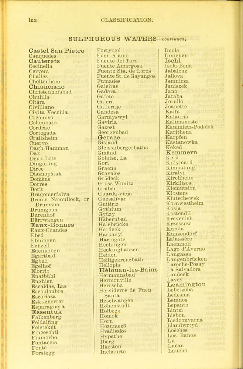 STJLPHTJBOUS WATERS—co»«M!wrf, Castel San Pietro Cauquedes Cauterets Cecinella Cervei-a Challes Cheltenham Chianciano Christenhofsbad. Chulilla Citara Civilliano Civita Vecchia Cocomiso Colombajo Cord^ac Cortegada Grail sheim Cuervo Dagh Hamman. Dax Deux-Lots Dingolfing Dirce Disznopatak Domene Dorres Dotit Dragomerfalva Dronis NamuUock, or Drvimsiia Drumgoon Durenliof Durrwangen Eaux-Bomies Eaus-Chaudes Ebed Ebiiingen Echzell Edenkoben Egartbad Bgtaell Egelhof Blorrio Enatbiihl Enghien Bscaldas, Las Bscouloubre Escoriaza Eski-cherrer Esparaguera Essentuk Falkenberg Feldalfing Feleteki'it Finceschti Fiuraorl)o Fontaccia Font(5 Forstegg Fortyogo Puen-Alamo Fuente del Toro Fuente Amargosa Fuente Sta. de Lorca Fuente St. de Gayangos Fumades Gaieiras Gadara Gafete Galera Galleraje Gandesa Garmyswyl Gaviria Gazost Georgenbad Grerace Gisland Gleisslibergerljaths Gmiind Golaise, La Gori Graena Gravalos Grodeck Gross-Wunitz Griiben Guarda-vieja Guesalivar Gultiriz Gythium Gyiizy Hiibernbad Halsbriicke Hardeck Harkanyi Harrogate Hechingen Heckinghausen Heiden Heiligekreuzbath Hellopia Helouan-les-Bains Hei'maunsbad Hermonville Herrscha Hervideros de Fuen Santa Heselwangen Hohonstadt Holbeck Homok Horn Hozumezo Hradiszko Hypathe Ilierg Ilkeston Inchaurto Imola Innichen Ischl Isola-Bona Jabalcuz Jallova Jamnicza Janiszek Jano Jaraba Jorullo Joanette Kaifa Kalauria Kalimaneste Kamniietz-Podolsk Karithena Karpfen Kastanowka Keked Kemmern Kero Killymard Klmpalungi Kiralyi Klrchheim Kirkilisoa Klemutzion Klosters Klutschewsk Kornwestheim Kosia EZostendil Krevenish Krzessow Kunda Kunzendorf Labassere Laemnoli Lago d'Averno Laugassa Langenbriicken Lnroche-Posay La Salvadora Landeck Lavej- Leamington Lel)etzoba Ledesma Lemuos Lepanto Lintzi Lisbon Lisdoon\'arna Llandvn-tyd LoSches Los Bancs Lu Lucan Lnucho
