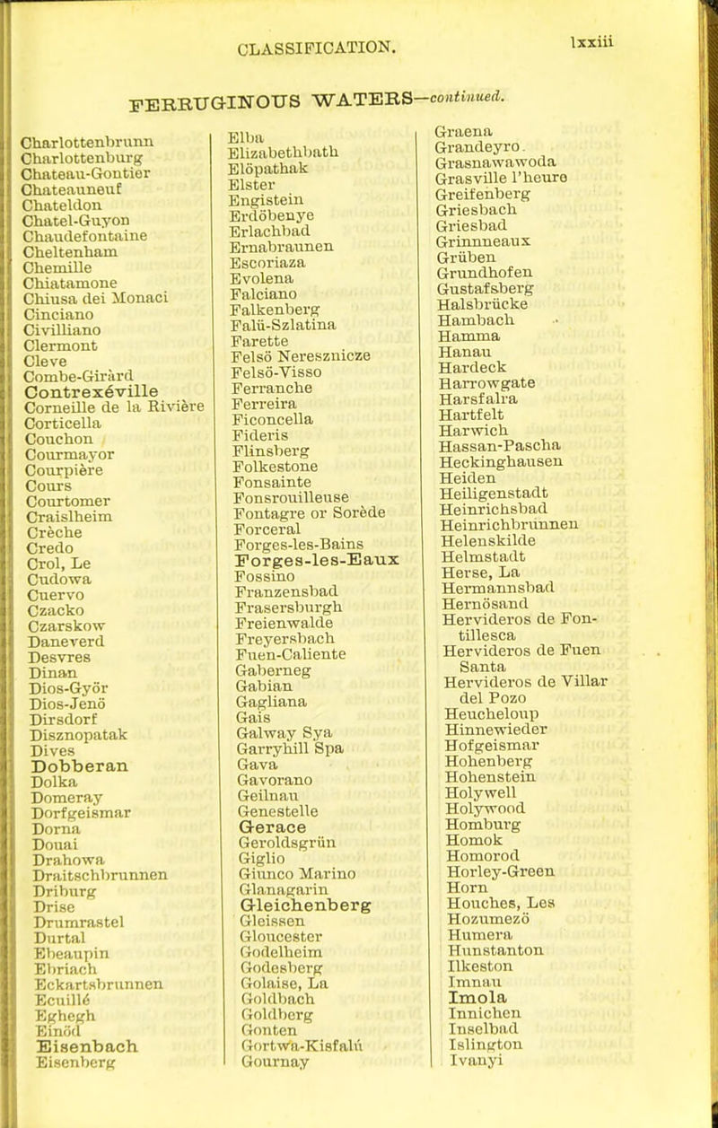 FERBUGINOUS -WAT-E-RS-contiuaed. Charlottenlirunn Charlottenburg Ohateau-Goutior ChateannexiC Chateldon Chatel-Guyon Chavidefontaine Cheltenham Chemille Chiatamone Chiusa dei llonaci Cinciano CiviUiano Clermont Cleve Combe-Giriird Contrex^ville Corneille de la Riviere Corticella Couchon Courmayor Courpiere Cours Courtomer Craislheim Creche Credo Crol, Le Cudowa Cuervo Czacko Czarskow Daneverd Desvres Dinan Dios-Gyor Dios-Jeno Dirsdorf Disznopatak Dives Dobberan Dolka Domeray Dorfgeismar Dorna Douai Brahowa Draitschbrunnen Driburg Drise Drumrastel Durtal Bbeaupin Ebriach Eckartsbrunnen Ecuill^ E^hegh Emod Eisenbach Eisenljcrg Elba Elizabethbath Elopathak Elster Bngistein Brdobenye Erlachbad Brnabraunen Escoriaza Bvolena Falciano Palkenberg Falii-Szlatina Farette Felso Neresznicze Felso-Visso Perranche Perreira Piconcella Pideris Flinsberg Folkestone Fonsainte Fonsrouilleuse Pontagre or Sorede Porceral Forges-les-Bains Forges-les-Baux Fossino Pranzensbad Prasersb\irgli Preienwalde Preyersbach Fuen-Caliente Gaberneg Gabian Gagliana Gais Galway Sya Garryhill Spa Gava Gavorano Geilnau Genestelle G-erace Gei'oldsgriin Giglio Giunco Marino Glanagarln Grleichenberg Gleissen Gloucester Godelheim Godosberg Golaise, La Goldbach Goldberg Gonten Gortwa-Kisfalu Gournay Graena Grandeyro. Grasnawawoda Grasville I'heure Greifenberg Griesbach Griesbad Grinnneaux Griiben Grundhofen Gustafsberg Halsbriicke Hambach Hamma Hanau Hardeck Harrowgate Harsfalra Hartfelt Harwich Hassan-Pascha Heckinghausen Heiden Heiligenstadt Heinrichsbad Heinrichbrunneu Heleuskilde Helmstadt Herse, La Hermannsbad Hernosand Hervideros de Pon- tillesca Hervideros de Puen Santa Hervideros de Villar del Pozo Heuohelonp Hinnewieder Hofgeismar Hohenberg Hohenstein Holywell Holywood Homburg Homok Homorod Horley-Green Horn Houches, Les Hozumezo Humera Hunstanton Ilkeston Imnaii Imola Innichcn Insclbad Islington Ivanyi