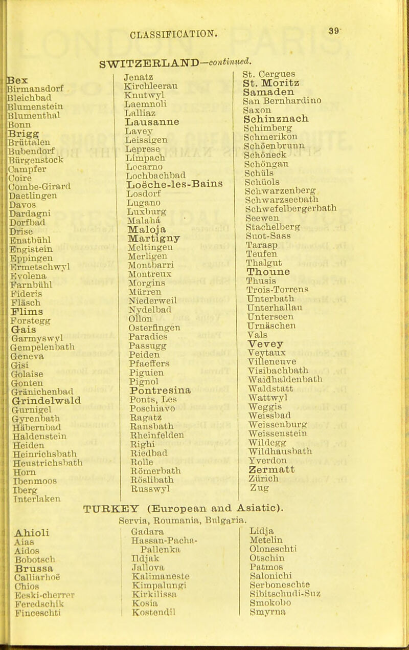 89 SWITZERLAND—co«<i««'^- Bex Birmansdorf Bleictibacl Blumenstein Blumenthal Bonn Brigg Briittalen Bubenclorf Biirgenstock Campfer Ooii-e Combe-Girarcl DaetUngen Davos Dardagni Dorfljad Drise Enatbiihl Bngistein Bppingen Ermetschwyl Evolena rarnbiihl Fideris Flascb Flims Forstegg Q-ais Gfixmyswyl Gempelenbath Grcneva Gisi (Jolaise Gonten Granicbenbart Grindelwald Gornigel Gyrenbath Habernbad Haldenstein Heiden Heinrichsbath Heia8trichs>)ath Horn Ibenmoos Iberg Interlaken Jenatz Kii-chleeraii Knutwyl Laemnoli Lalliaz Lausanne Lavey Leissigen Leprese Limpacb Locarno Locbba chbad Loech.e-les-Bains Losdorf Lugano Lnxbui'g Malaba Maloj a Martigny Meltingen Merligen Montliarri Montreiix Morgins Miirren Niederweil Nydelbad Oilon Osterflngen Paradies Passugg Peiden Pfaeffera Piguien Pignol Pontresina Ponts, Les Poschiavo Ragatz Ransbath Rheinfelden Bigbi Riedbad Rolle Romerbath Roslibath. Rnsswyl St. Cergues St. Moritz Samaden San Bernhardino Saxon Sch.inznacli Schimberg Solimerikon Scboenbrunn Schoneck Scbongan Schiils' Scbiiols Scbwarzenberg Schwarzseetoath Scbwefelbergerbath Seewen Stachelberg Snot-Sase Tarasp Teufen Tlialgut Tlioune Thusis Trois-Torrens Unterbatb UnterliaUan Unterseen TJrnaschen Vals Vevey Veytaiix Villeneuve Visibaclibath Waidhaldenbatb Waldstatt Wattwyl Weggis Weisisbad AVeissenburg Weissenstein Wildegg Wildhaiisbath Yverdon Zermatt Zurich Zug TURKEY (European and Asiatic). Servia, Roumania, Bulgaria. Aliioli Aias Aidos Bobotsch Brussa Calliarhoe Chios Reski-chorror PerediicJiik Finceschti Gadara Hassan-Pacha- Pallenka Ildjak .Tallova Kalimaneste Kimpal ungi Kirkilis.ta Kosia Ko.stendil Lid] a Metelin Oloneschti Otscliin Pa.tmos Salonichi Serbonescbte Sibitscbudi-Snz Smokobo Smyrna