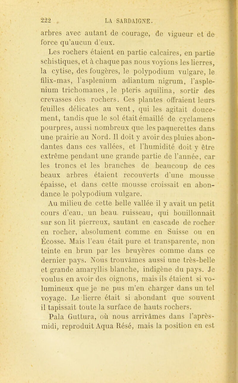 arbres avec autant de courage, de vigueur et de force qu'aucun d'eux. Les rochers étaient en partie calcaires, en partie scliistiques, et à chaque pas nous voyions les lierres, la cytise, des fougères, le polypodium vulgare, le filix-mas, l'asplenium adiantum nigrum, l'asple- nium trichomanes, le pteris aquilina, sortir des crevasses des rochers. Ces plantes offraient leurs feuilles délicates au vent, qui les agitait douce- ment, tandis que le sol était émaillé de cyclamens pourpres, aussi nombreux que les pâquerettes dans une prairie au Nord. Il doit y avoir des pluies abon- dantes dans ces vallées, et l'humidité doit y être extrême pendant une grande partie de l'année, car les troncs et les branches de beaucoup de ces beaux arbres étaient recouverts d'une mousse épaisse, et dans cette mousse croissait en abon- dance le polypodium vulgare. Au milieu de cette belle vallée il y avait un petit cours d'eau, un beau, ruisseau, qui bouillonnait sur son lit pierreux, sautant en cascade de rocher en rocher, absolument comme- en Suisse ou en Ecosse. Mais l'eau était pure et transparente, non teinte en brun par les bruyères comme dans ce dernier pays. Nous trouvâmes aussi une très-belle et grande amaryllis blanche, indigène du pays. Je voulus en avoir des oignons, mais ils étaient si vo- lumineux que je ne pus m'en charger dans un tel voyage. Le lierre était si abondant que souvent il tapissait toute la surface de hauts rochers. Pala Guttura, où nous arrivâmes dans l'après- midi, reproduit Aqua Résé, mais la position en est
