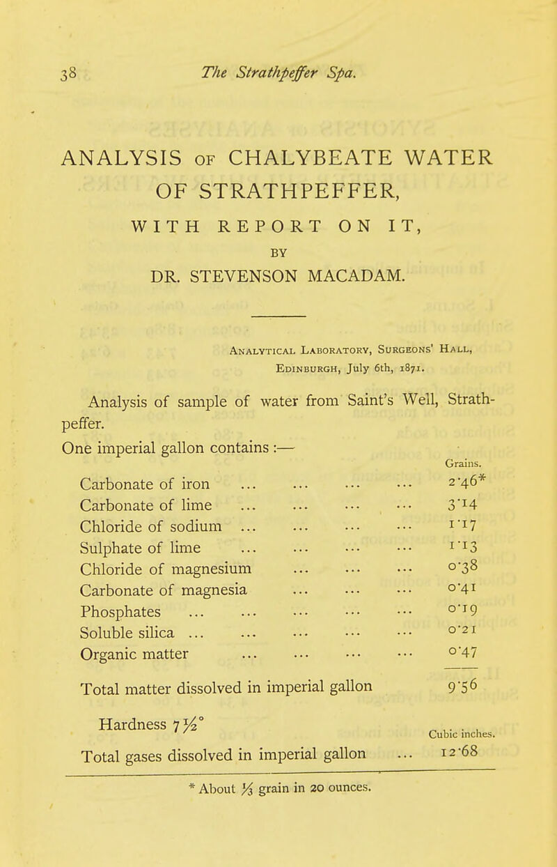 ANALYSIS OF CHALYBEATE WATER OF STRATHPEFFER, WITH REPORT ON IT, BY DR. STEVENSON MACADAM. Analytical Laboratory, Surgeons' Hall, Edinburgh, July 6th, 1871. Analysis of sample of water from Saint's Well, Strath- peffer. One imperial gallon contains :— Grains. Carbonate of iron 2 '46* Carbonate of lime ... ... ••• •• 3-14 Chloride of sodium ri7 Sulphate of lime I-I3 Chloride of magnesium 0-38 Carbonate of magnesia 0*41 Phosphates o'i9 Soluble silica ... 0'21 Organic matter 0-47 Total matter dissolved in imperial gallon 9-56 Hardness 7 Total gases dissolved in imperial gallon Cubic inches. 12-68 * About Yi grain in 20 ounces.