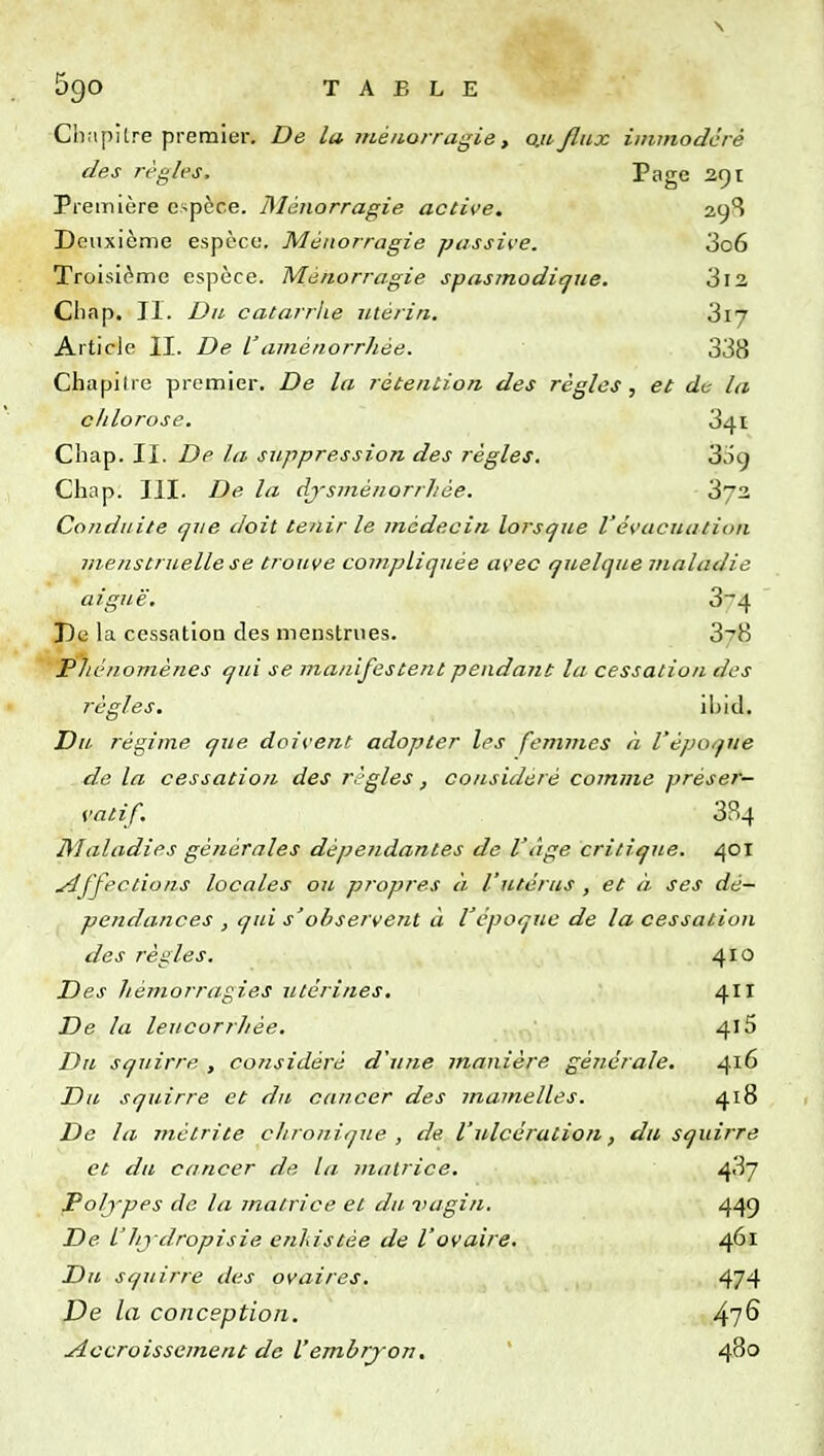 \ TABLE Chapitre premier. De la ?né/iorragie, 0.11.JI11X iiiimodcré des règles. Page 291 Première espèce. Ménorragie active. 29S Deuxième espèce. Ménorragie passive. 3o6 Troisième espèce. Ménorragie spasmodicjxie. 3i2 Chap. II. Dii. catarrhe iitéri/i. 'Sij Article II. De L'aménorrhée. 338 Chapitre premier. De la rétention, des règles ^ et de la chlorose. 341 Chap. II. De la suppression des règles. SSg Chap. III. De la djsménorrJiée. 372 Conduite fjiie doit tenir le médecin lorsque V évacua lion menstruelle se trouve compliquée avec quelque maladie aiguë. 3~4 T)e la cessation des menstrues. 3/8 Phénomènes qui se manifestent pendant la cessation des règles. ibid. Du régime que doivent adopter les femmes h l'époque . de la cessatioji des règles, considéré comme préser- vatif. 3B4 Maladies générales dépendantes de l'âge critique. 401 .Affections locales ou propres à l'utérus , et à ses dé- pendances , qui s'observent à l'époque de la cessation des règles. 410 Des hémorragies utérines. 4II De la leucorrhée. 4l5 Du squirre , considéré d'une manière générale. 416 Du, squirre et du cancer des mamelles. 418 De la métrite chronique , de l'ulcération, du squirre et du cancer de la matrice. ^'àj Polj'pes de la matrice et du vagin. 449 De L'hjdropisie enkistée de l'ovaire. 461 Du squirre des ovaires. 474 De la conception. 4?^ Accroissement de Vembrj'on.  4^°