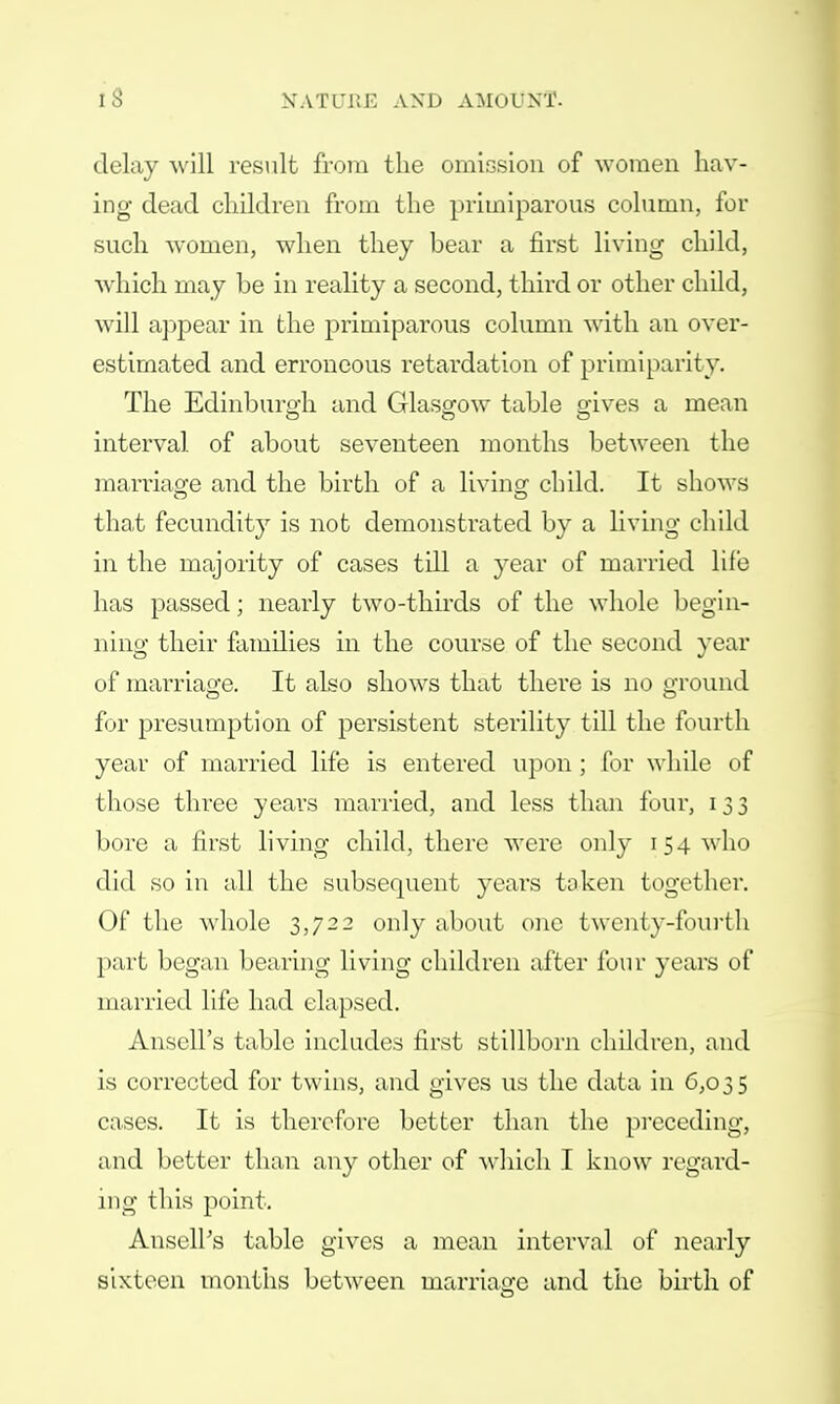 delay will result from the omission of women hav- ing- dead children from the primiparous column, for such women, when they bear a first living child, which may be in reality a second, third or other child, will appear in the primiparous column with an over- estimated and erroneous retardation of primiparity. The Edinburgh and Glasgow table gives a mean interval of about seventeen months between the marriage and the birth of a living child. It shows o o that fecundity is not demonstrated by a living child in the majority of cases till a year of married life has passed; nearly two-thirds of the whole begin- ning: their families in the course of the second year of marriage. It also shows that there is no ground for presumption of persistent sterility till the fourth year of married life is entered upon ; for while of those three years married, and less than four, 13 3 bore a first living child, there were only 154 who did so in all the subsequent years token together. Of the whole 3,722 only about one twenty-fourth part began bearing living children after four years of married life had elapsed. Ansell's table includes first stillborn children, and is corrected for twins, and gives us the data in 6,035 cases. It is therefore better than the preceding, and better than any other of which I know regard- ing this point. Ansell's table gives a mean interval of nearly sixteen months between marriage and the birth of