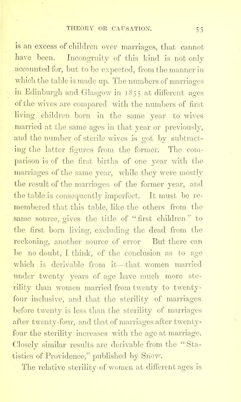 is an excess of children over marriages, that cannot have been. Incongruity of this kind is not only accounted for, but t o be expected, from the manner in which the table is made up. The numbers of marriages in Edinburgh and Glasgow in 18 5 5 at different ages of the wives are compared with the numbers of first living children born in the same year to wives married at the same ages in that year or previously, and the number of sterile wives is got by subtract- ing the latter figures from the former. The com- parison is of the first births of one year with the marriages of the same year, while they were mostly the result of the marriages of the former year, and the table is consequently imperfect. It must be re- membered that this table, like the others from the same source, gives the title of  first children  to the first born living excluding the dead from the reckoning, another source of error But there can be no doubt, I think, of the conclusion as to age which is derivable from it—that women married under twenty years of age have much more ste- rility than women married from twenty to twenty- four inclusive, and that the sterility of marriages before twenty is less than the sterility of marriages after twenty-four, and that of marriages after twenty- four the sterility increases with the age at marriage. Closely similar results are derivable from the  Sta- tistics of Providence, published by Snow. The relative sterility of women at different ages is