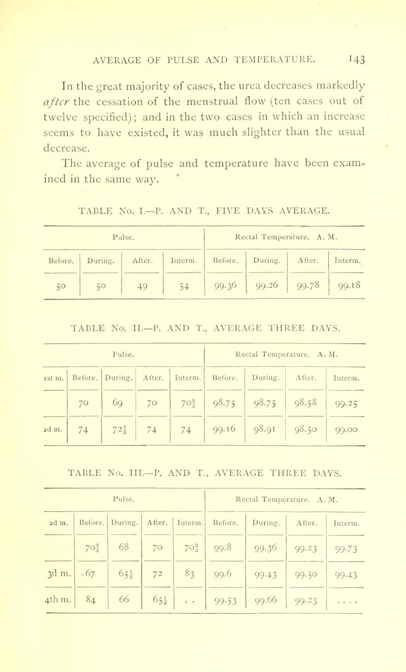 In the great majority of cases, the urea decreases markedly after the cessation of the menstrual flow (ten cases out of twelve specified); and in the two cases in which an increase seems to have existed, it was much slighter than the usual decrease. The average of pulse and temperature have been exam- ined in the same way. TABLE No. I.—P. AND T., FIVE DAYS AVERAGE. Pulse. Rectal Temperature. A. M. Before. During. After. Interm. Before. During. A fter. Interm. 50 5° 49 54 99-36 99.26 99.78 99.18 TABLE No. II.—P. AND T., AVERAGE THREE DAYS. Pulse. Rectal Temperature. A. M. 1st m. Before. During. After. Interm. Before. During. After. Interm. 70 69 70 70% 98.75 93-75 98.58 99.25 2d m. 74 74 74 74 99.16 98.91 98.50 99.OO TABLE No. III.—P. AND T., AVERAGE THREE DAYS. Pulse. Rectal Temperature. A. M. 2d m. Before. During. After. Interm. Before. During. After. Interm. 703- 68 70 70| 99-8 99-36 99-23 99-73 3d m. .67 65^ 72 83 99.6 99-43 99.50 99-43 4th m. 84 66 65^ 99-53 99.66 99-23