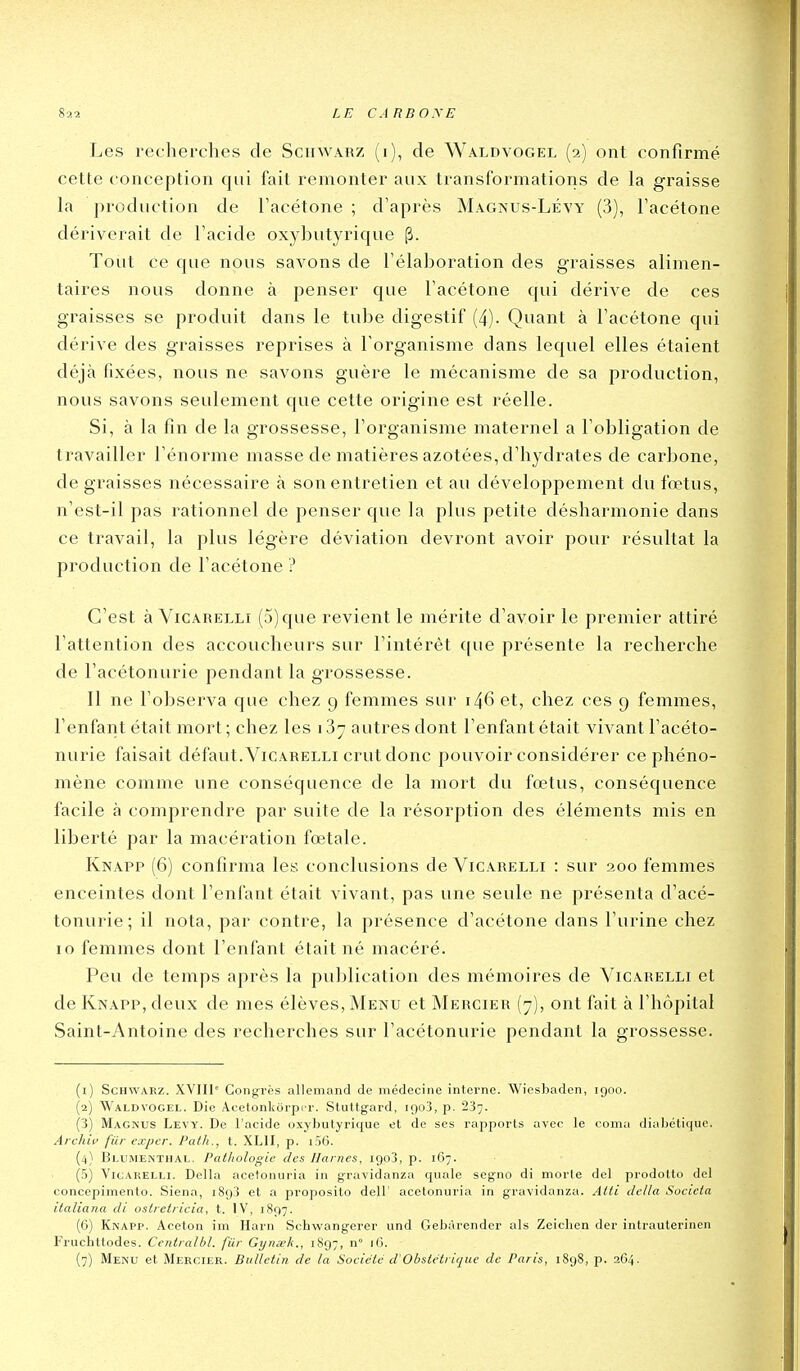 Les recherches de Sciiwarz (i), de Waldvogel (2) ont confirmé cette conception qui fait remonter aux transformations de la graisse la production de l'acétone ; d'après Magnus-Lévy (3), l'acétone dériverait de l'acide oxybutyricjue p. Tout ce que nous savons de l'élaboration des graisses alimen- taires nous donne à penser que l'acétone qui dérive de ces graisses se produit dans le tube digestif (4). Quant à l'acétone qui dérive des graisses reprises à l'organisme dans lequel elles étaient déjà fixées, nous ne savons guère le mécanisme de sa production, nous savons seulement que cette origine est réelle. Si, à la fin de la grossesse, l'organisme maternel a l'obligation de travailler l'énorme masse de matières azotées, d'hydrates de carbone, de graisses nécessaire à son entretien et au développement du fœtus, n'est-il pas rationnel de penser que la plus petite désharmonie dans ce travail, la plus légère déviation devront avoir pour résultat la production de l'acétone ? C'est à ViCARELLi (5) que revient le mérite d'avoir le premier attiré l'attention des accoucheurs sur l'intérêt que présente la recherche de l'acétonurie pendant la grossesse. Il ne l'observa que chez 9 femmes sur 146 et, chez ces 9 femmes, l'enfant était mort; chez les 187 autres dont l'enfant était vivant l'acéto- nurie faisait défaut. Vicarelli crut donc pouvoir considérer ce phéno- mène comme une conséquence de la mort du fœtus, conséquence facile à comprendre par suite de la résorption des éléments mis en liberté par la macération fœtale. Knapp (6) confirma les conclusions de Vicarelli : sur 200 femmes enceintes dont l'enfant était vivant, pas une seule ne présenta d'acé- tonurie; il nota, par contre, la présence d'acétone dans l'urine chez 10 femmes dont l'enfant était né macéré. Peu de temps après la publication des mémoires de Vicarelli et de Knapp, deux de mes élèves, Menu et Mercier (y), ont fait à l'hôpital Saint-Antoine des recherches sur l'acétonurie pendant la grossesse. (1) ScHWARz. XVIII' Gongl'ès allemand de médecine interne. Wieshaden, 1900. (2) Waldvogel. Die Acetonliorpi r. Stuttgard, 1903, p. 237. (3) Magkus Levy. De l'acide oxybutyriquc et de ses rapports avec le coma diabétique. Archii' fiir exper. Path., t. XLII, p. i56. (^i) Bllimenthal. Pathologie des liâmes, 1903, p. 167. (5) Vicarelli. Délia acetonuria in gravidanza quale segno di morle del prodotto del concepimento. Siena, 1893 et a proposito dell' acetonuria in gravidanza. Alti délia Soeieta ilaliana di osiretiicia, t. IV, 1897. (6) Knapp. Aceton im Harn Schwangerer und Gebàrendcr als Zeicben der intrauterinen Fruchtlodes. Ceniralbl. filr Gynœh., 1897, n» lO.