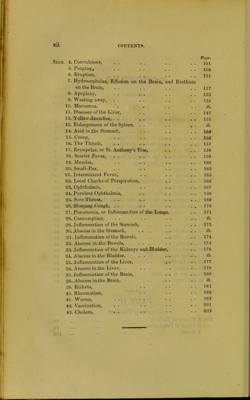 Page. Sect. 4. Convulsions, . . . . . . . . j'0i 5. Purging, . . . . . . . . 108 6. Eruption, . . . , . . ..Ill 7. Hydrocephalus, Effusion on the Brain, and Erethism on the Brain, . . . . . . . . 117 8. Apoplexy, . . . . . . . . 133 9. Wasting away, . . . . . . . . 135 10. Marasmus, .*. . . . . . . ib. 11. Diseases of the Liver, . . . . . . 147 12. Yellow Jaundice, . . , . . . . . 151 13. Enlargement of the Spleen, . . . . . . ib. 14. Acid in the Stomach, . . . . . . 154 15. Croup, . . . . . . . . 156 16. The Thrush, . . . . . . . . 157 17. Erysipelas, or St. Anthony's Fice., .. .. 158 18. Scarlet Fever, . . . . . . . . 159 19. Measles, . . . . . . 160 20. Small-Pox, . . - . . . . . 162 21. Intermittent Fever, . . . . . . 165 22. Local Checks of Perspiration, . . . . 166 23. Ophthalmia, . . . . . . 167 24. Purulent Ophthalmia, . . . . . . 168 25. Sore Throat, . . . . . . . . 169 26. Hooping Cough, . . . . . . . . 170 27. Pneumonia, or Inflammation of the Lungs, . . 171 28. Consumption, . . . . . . . . ib. 29. Inflammation of the Stomach, . . . . 173 30.. Abscess in the Stomach, . . . . . . ib. 31. .Inflammation of the Bowels, . . .. 174 32. Abscess in the Bowels, . . . . ... 175 33. Inflammation of the Kidneys and Bladder, .. 176 34. Abscess in the Bladder, . . . . . . ib. 35. Inflammation of the Liver, . . . . 177 36. Abscess in the Liver, . . . . . . 179 37. Inflammation of the Brain, . . . . 180 38..Abscess in the Brain, . . . . ib. 39. Rickets, • . • • . . 181 40. Rheumatism, • • • • • • 182' 41. Worms, • • • • • • . . J83 42. Vaccination, • • • • • • . . 201 43. Cholera, • • • • . . 203-